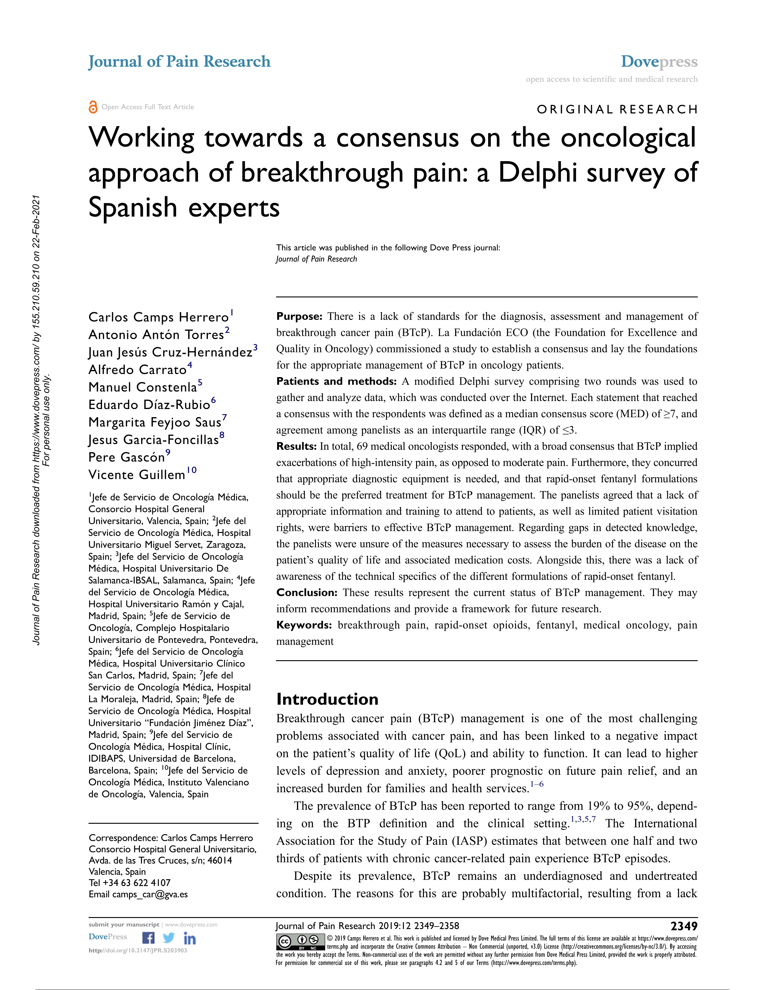 Working towards a consensus on the oncological approach of breakthrough pain: A Delphi survey of Spanish experts