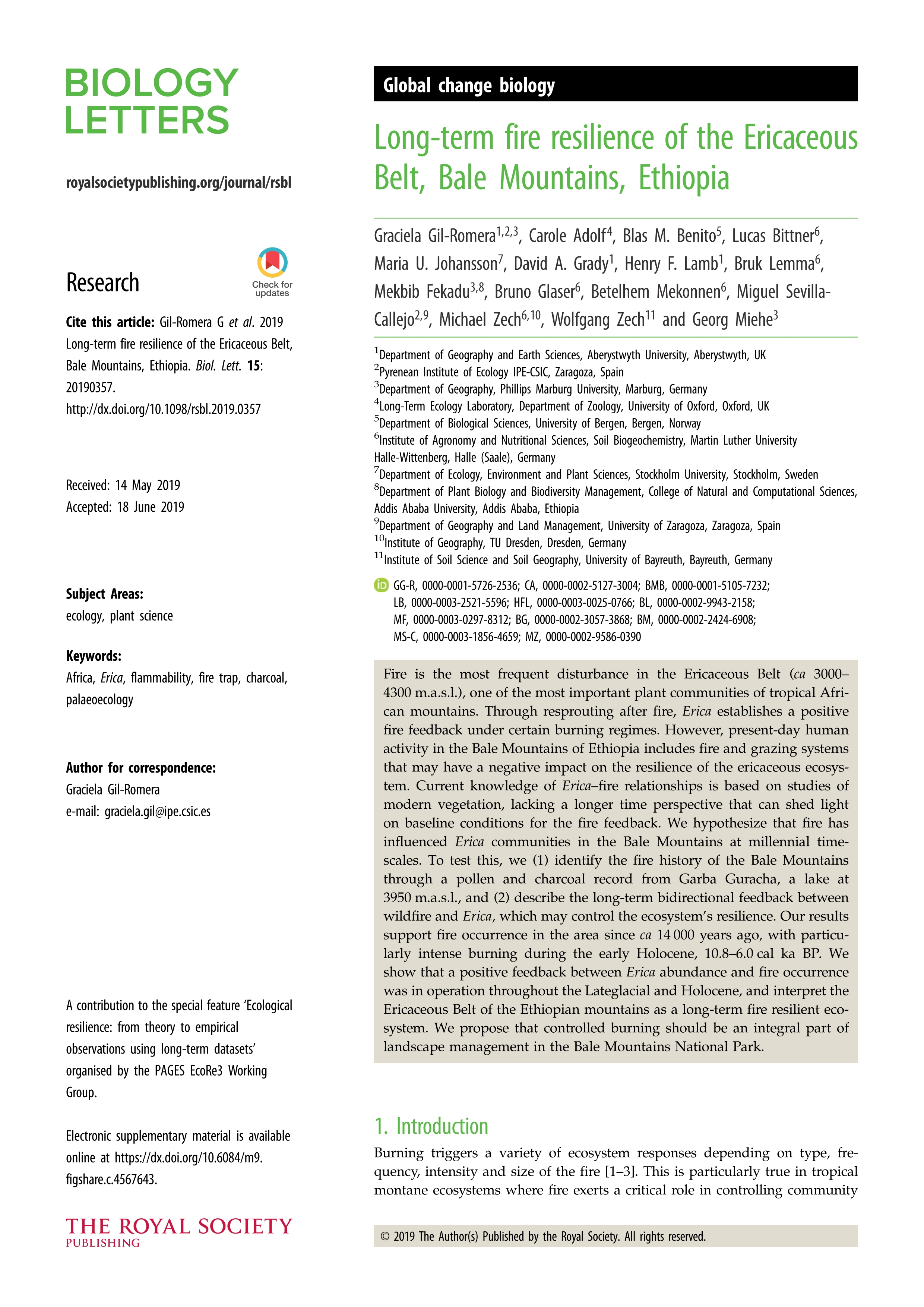 Long-term fire resilience of the Ericaceous Belt, Bale Mountains, Ethiopia