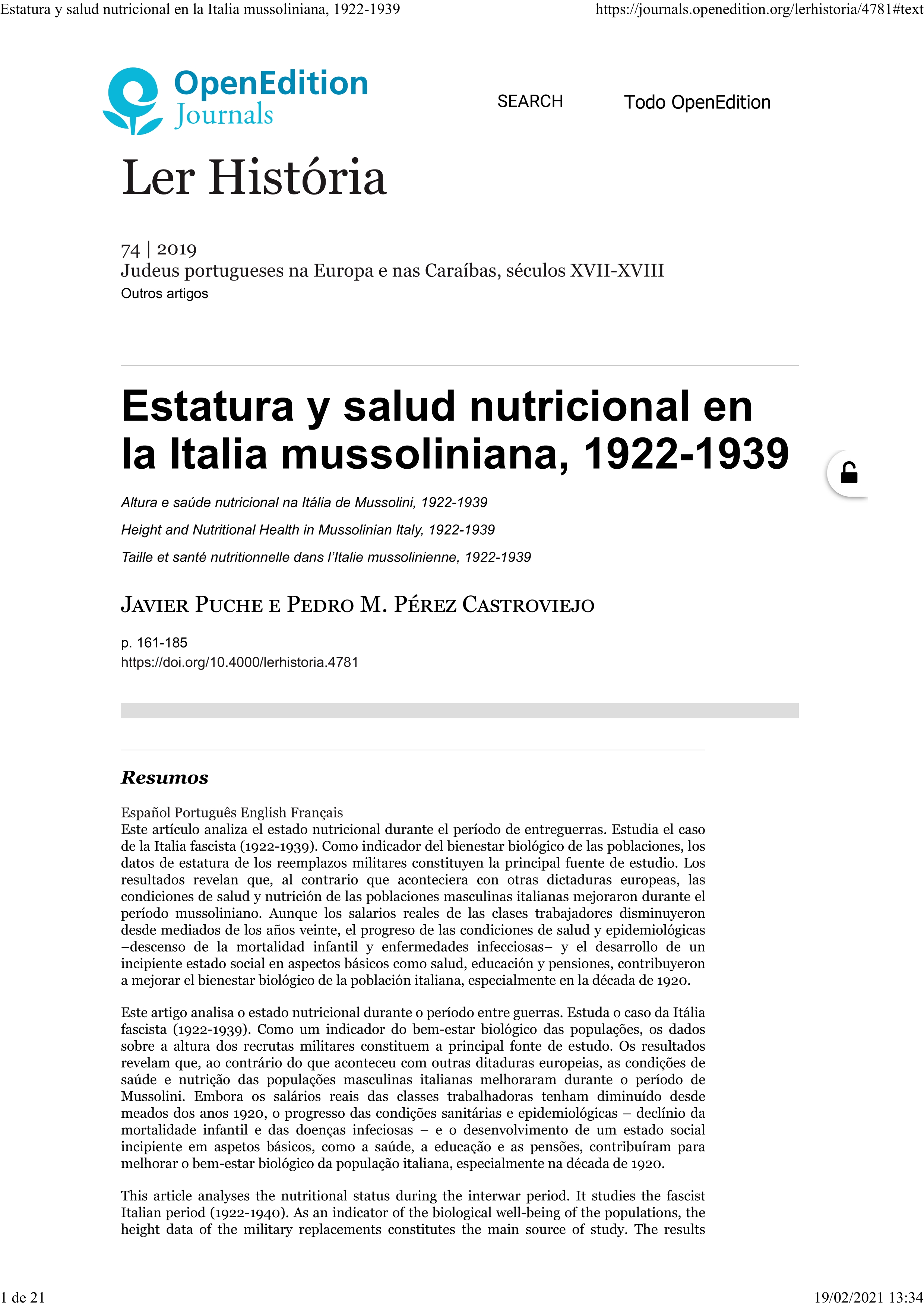 Estatura y Salud Nutricional en la Italia Mussoliniana, 1922-1939