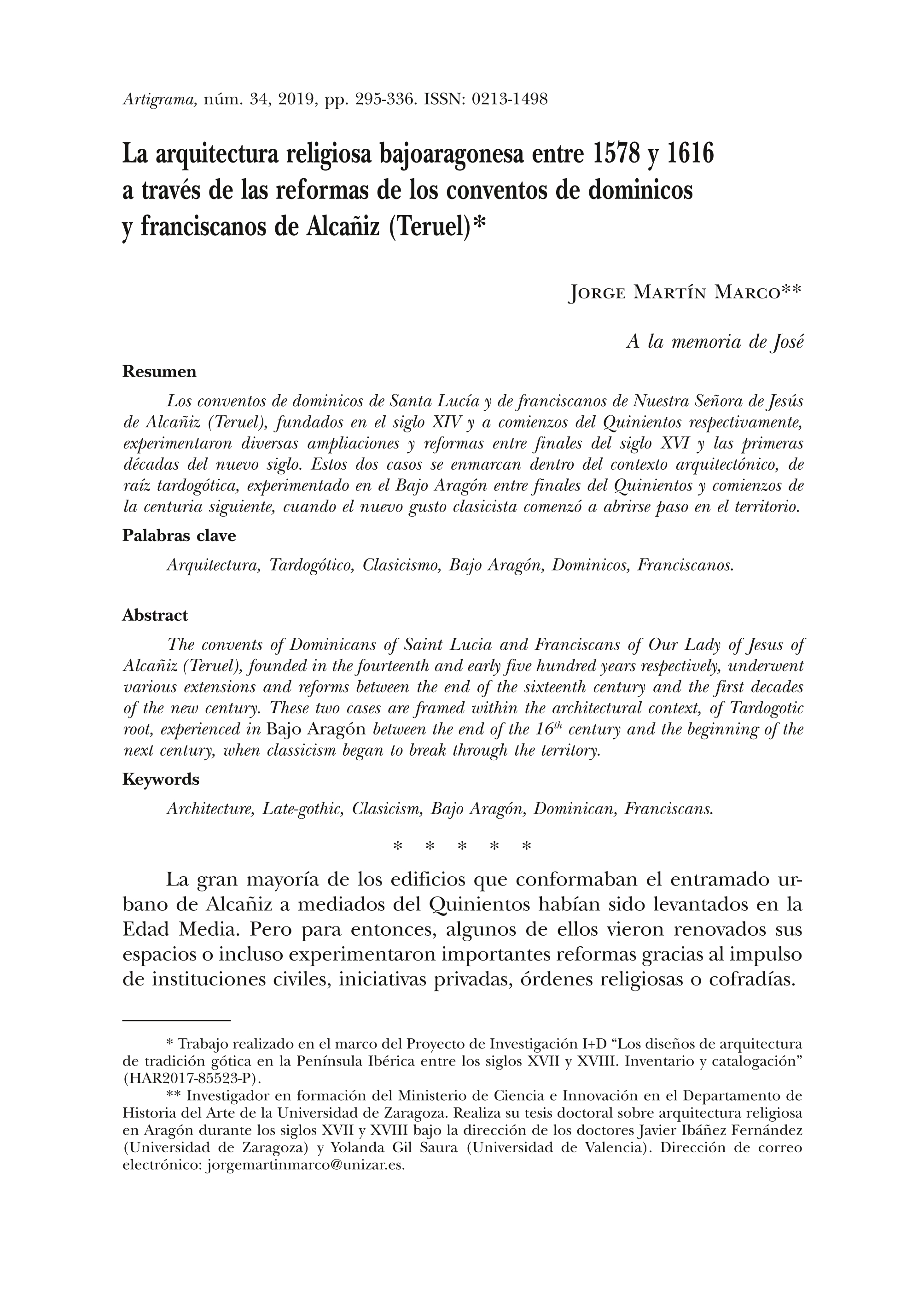 La arquitectura religiosa bajoaragonesa entre 1578 y 1616 a través de las reformas de los conventos de dominicos y franciscanos de Alcañiz (Teruel)