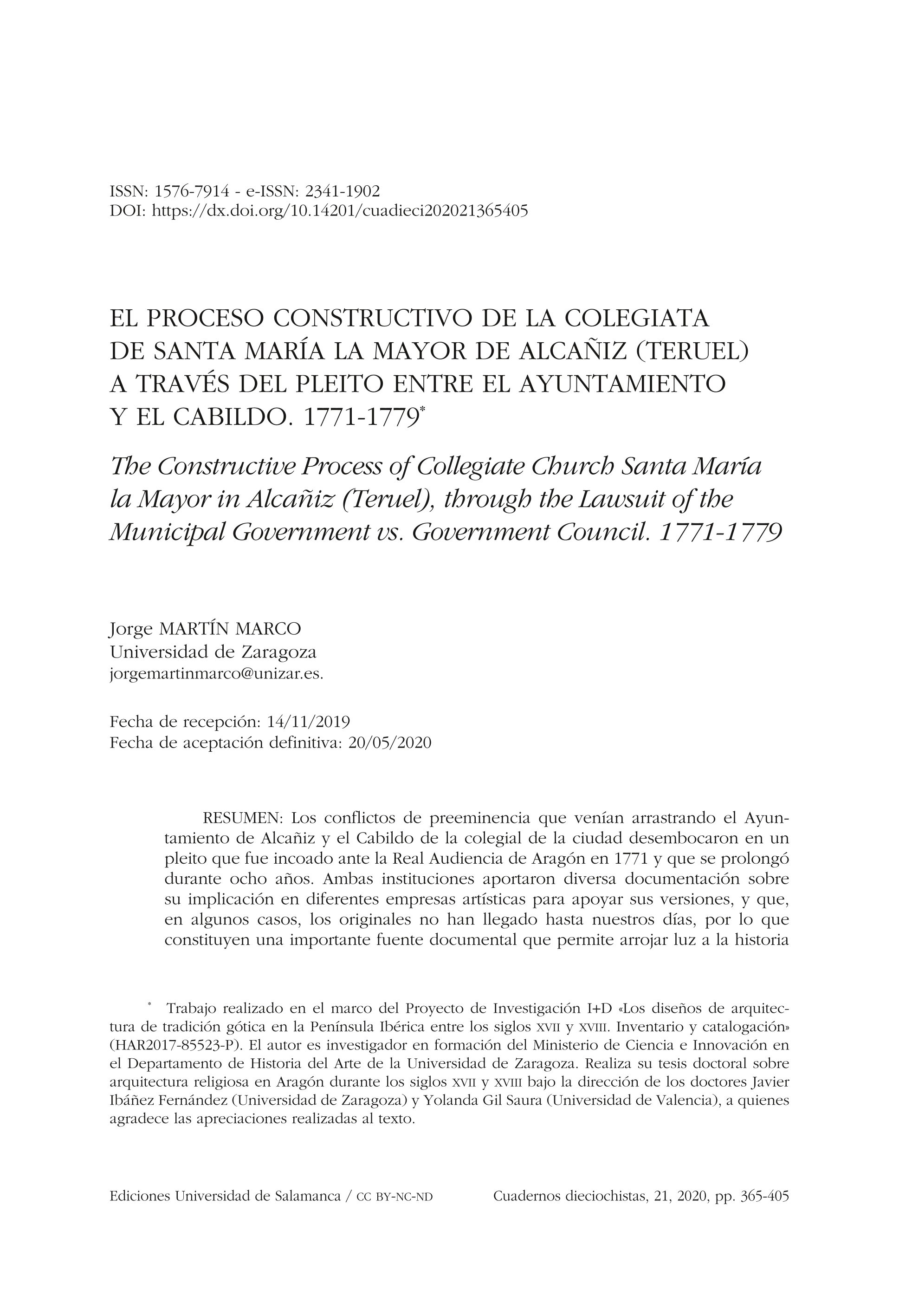 El proceso constructivo de la colegiata de santa maría la mayor de alcañiz (teruel) a través del pleito entre el ayuntamiento y el cabildo. 1771-1779