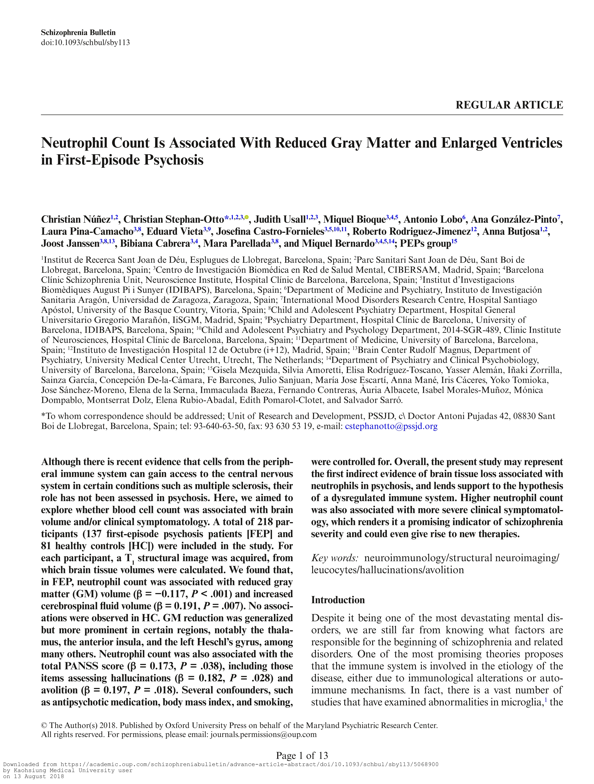 Neutrophil count is associated with reduced gray matter and enlarged ventricles in first-episode psychosis