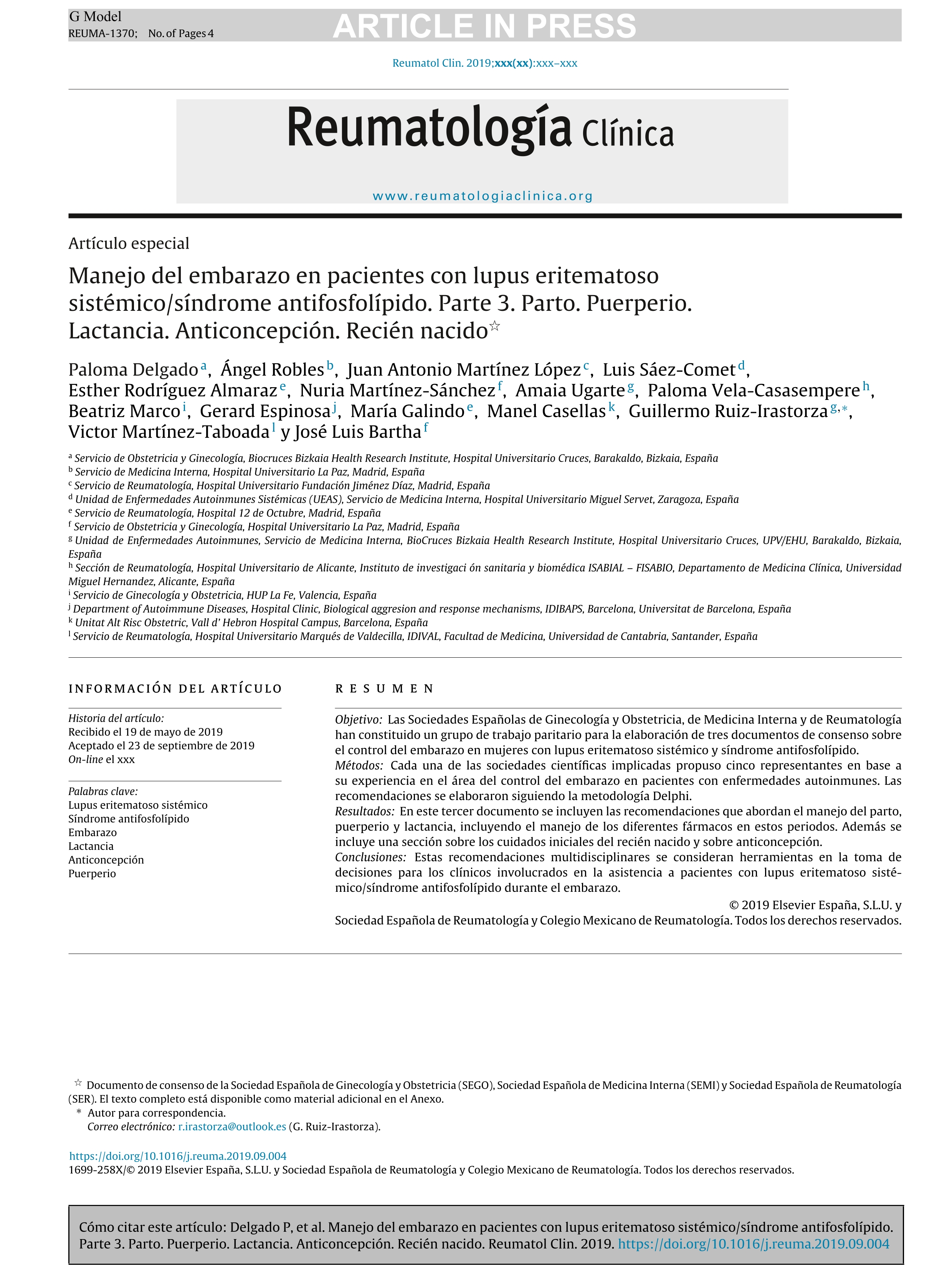 Manejo del embarazo en pacientes con lupus eritematoso sistémico/síndrome antifosfolípido. Parte 3. Parto. Puerperio. Lactancia. Anticoncepción. Recién nacido