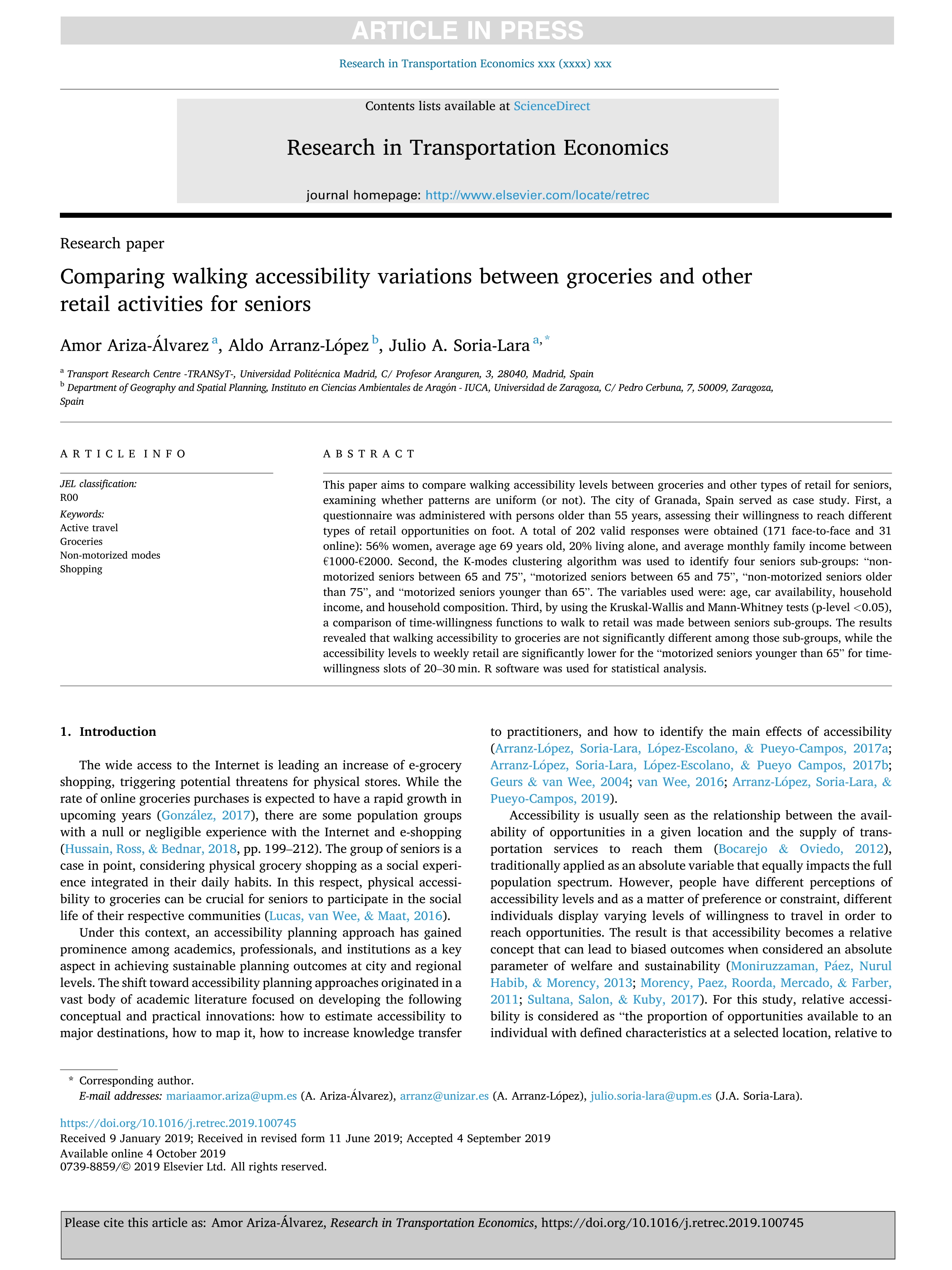 Comparing walking accessibility variations between groceries and other retail activities for seniors