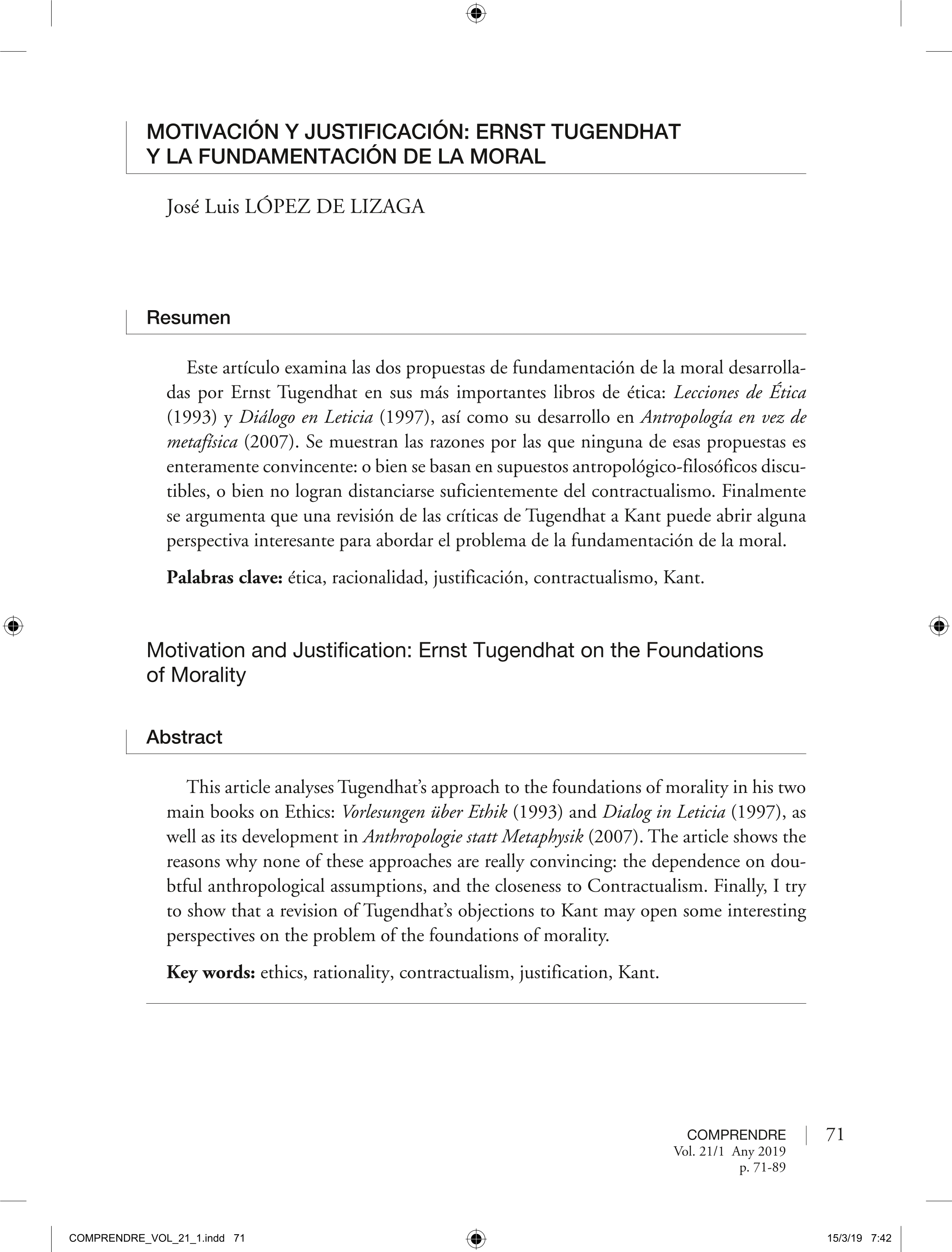 Motivación y justificación: Ernst Tugendhat y la fundamentación de la moral