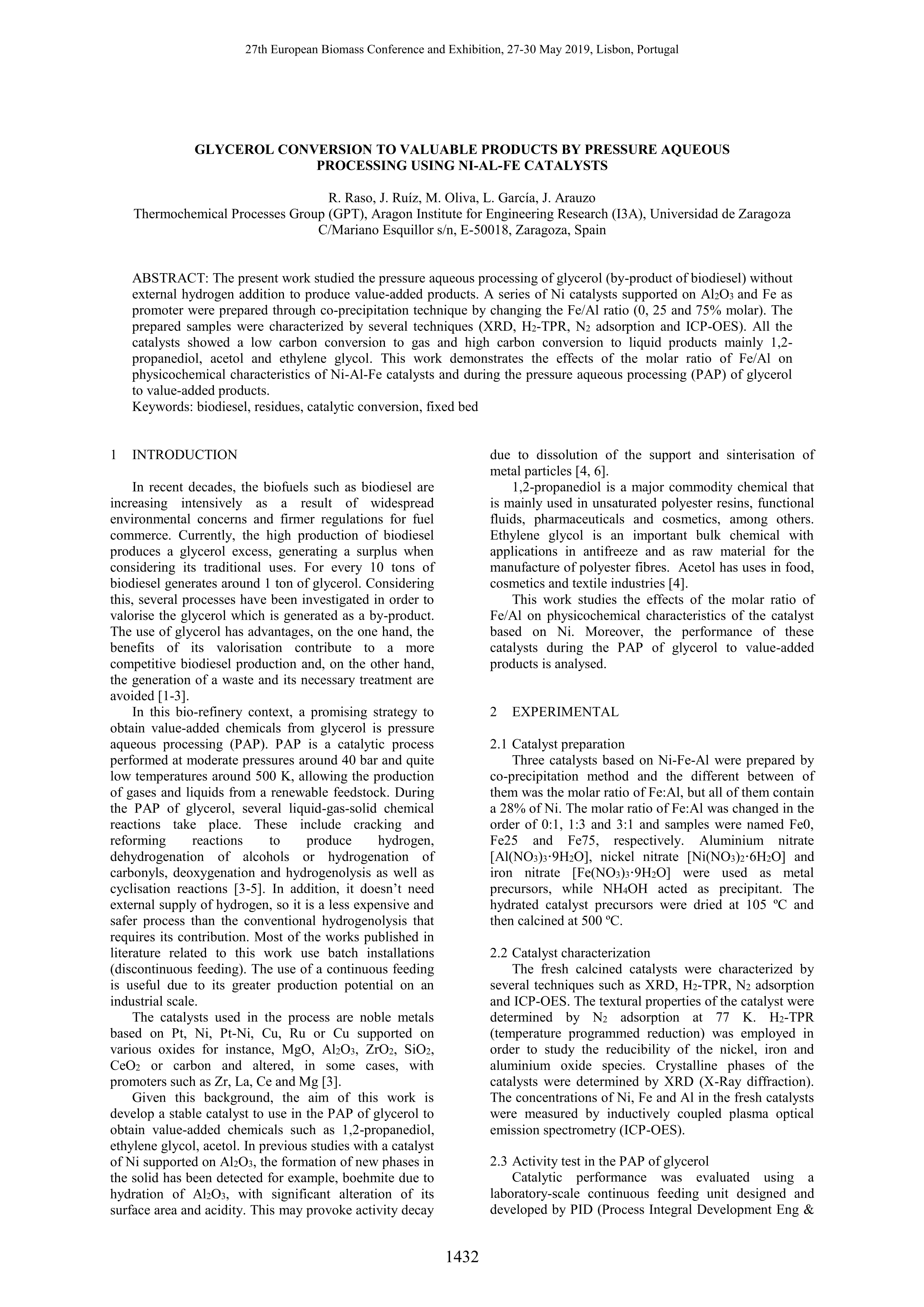 Glycerol conversion to valuable products by pressure aqueous processing using ni-al-fe catalysts