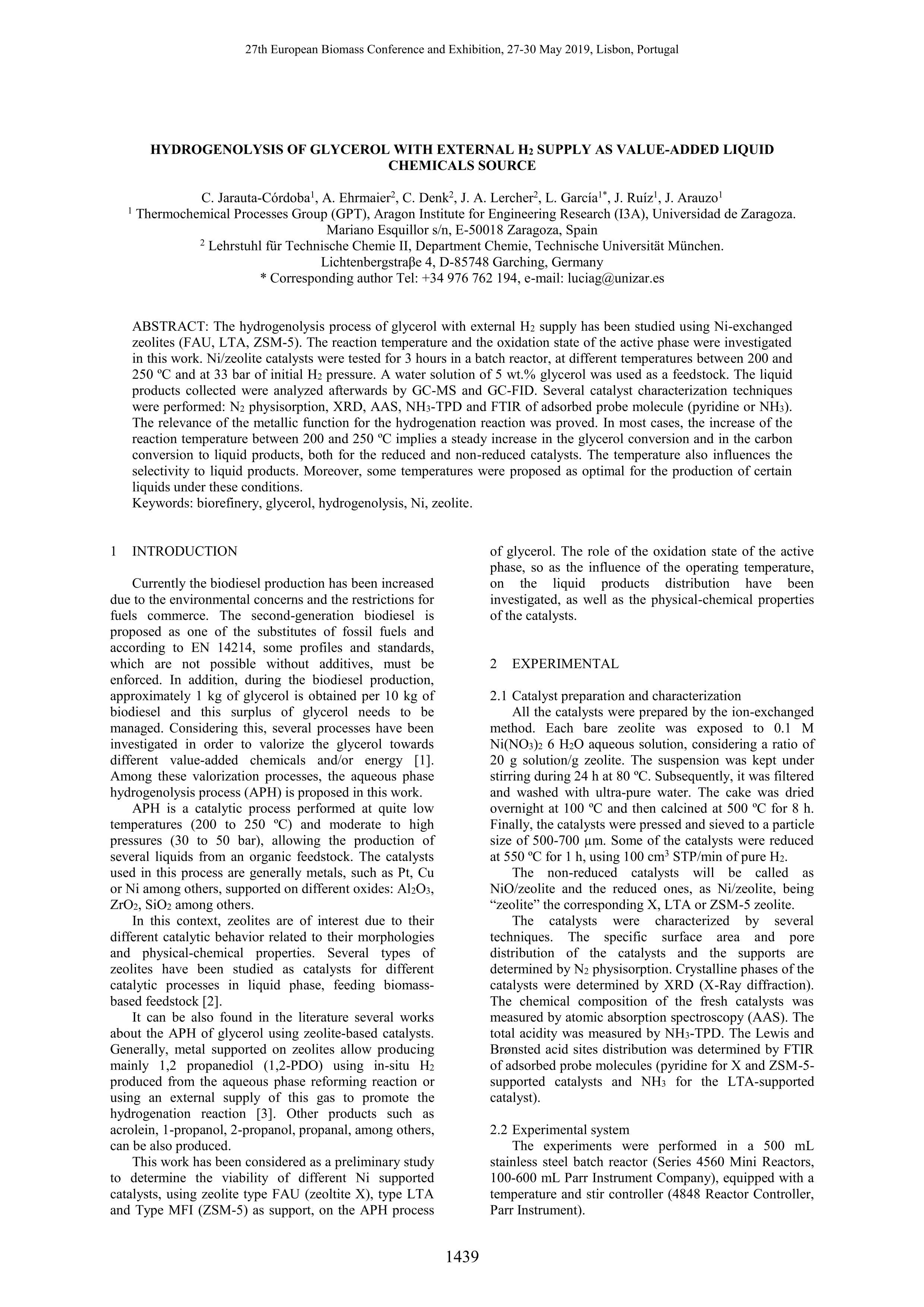 Hydrogenolysis of glycerol with external h2 supply as value-added liquid chemicals source