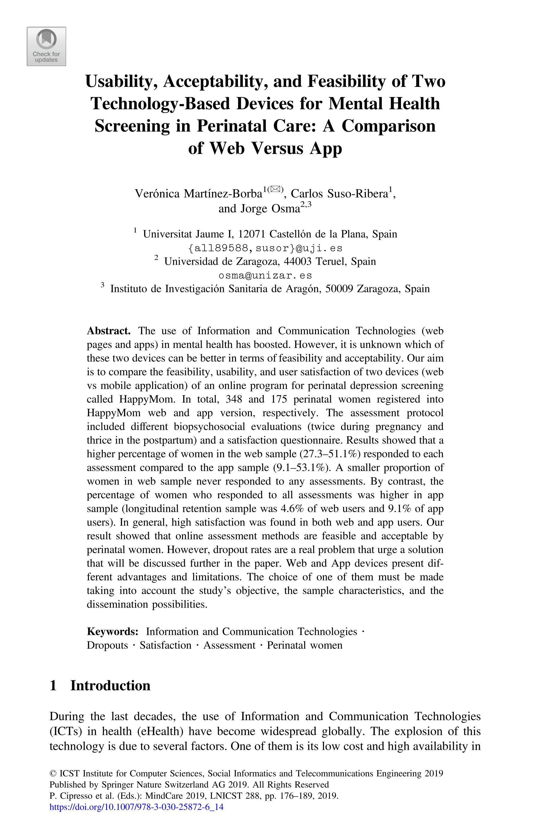 Usability, acceptability, and feasibility of two technology-based devices for mental health screening in perinatal care: A comparison of web versus app