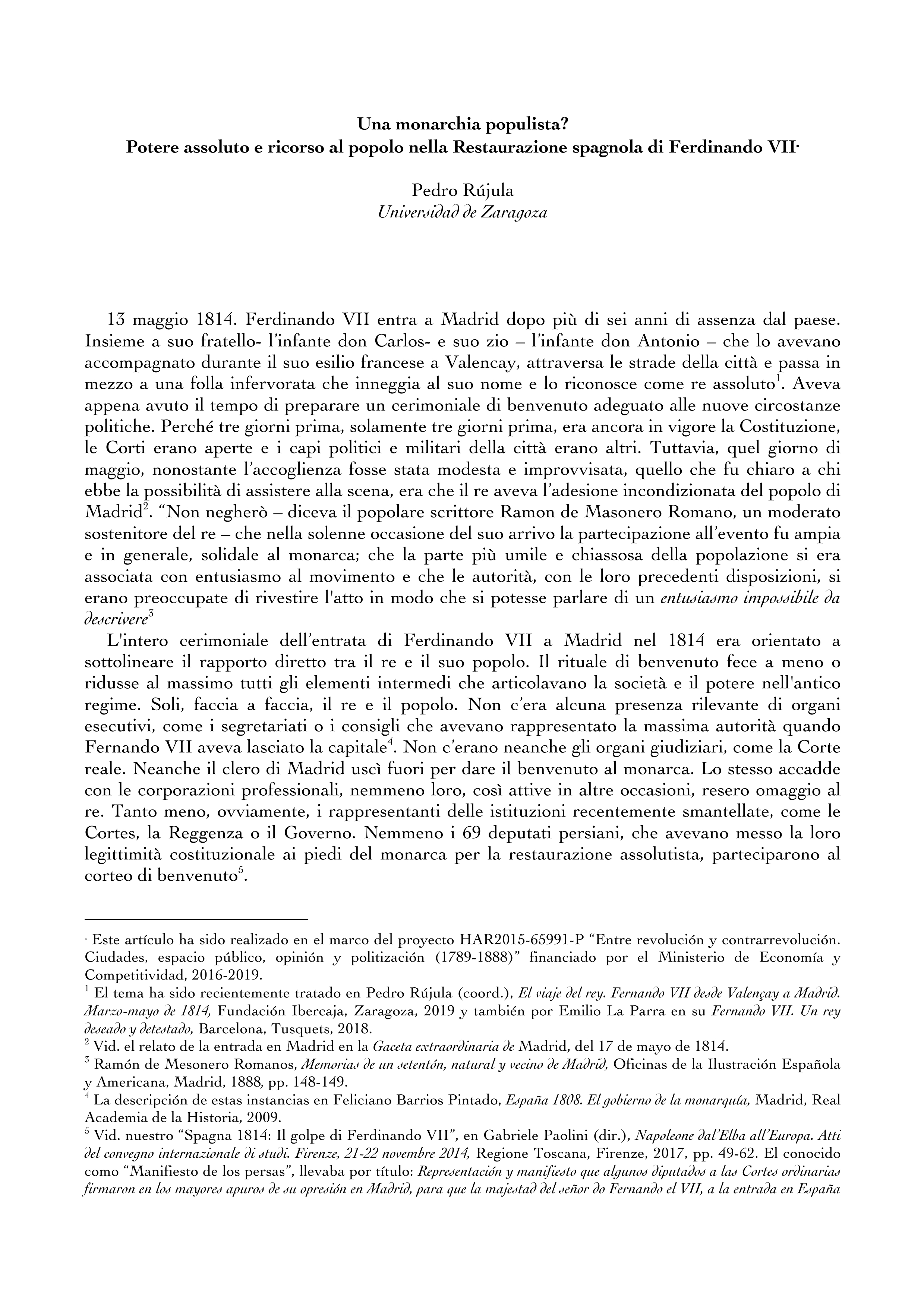 Una monarchia populista? Potere assoluto e ricorso al popolo nella restaurazione spagnola di Ferdinando VII