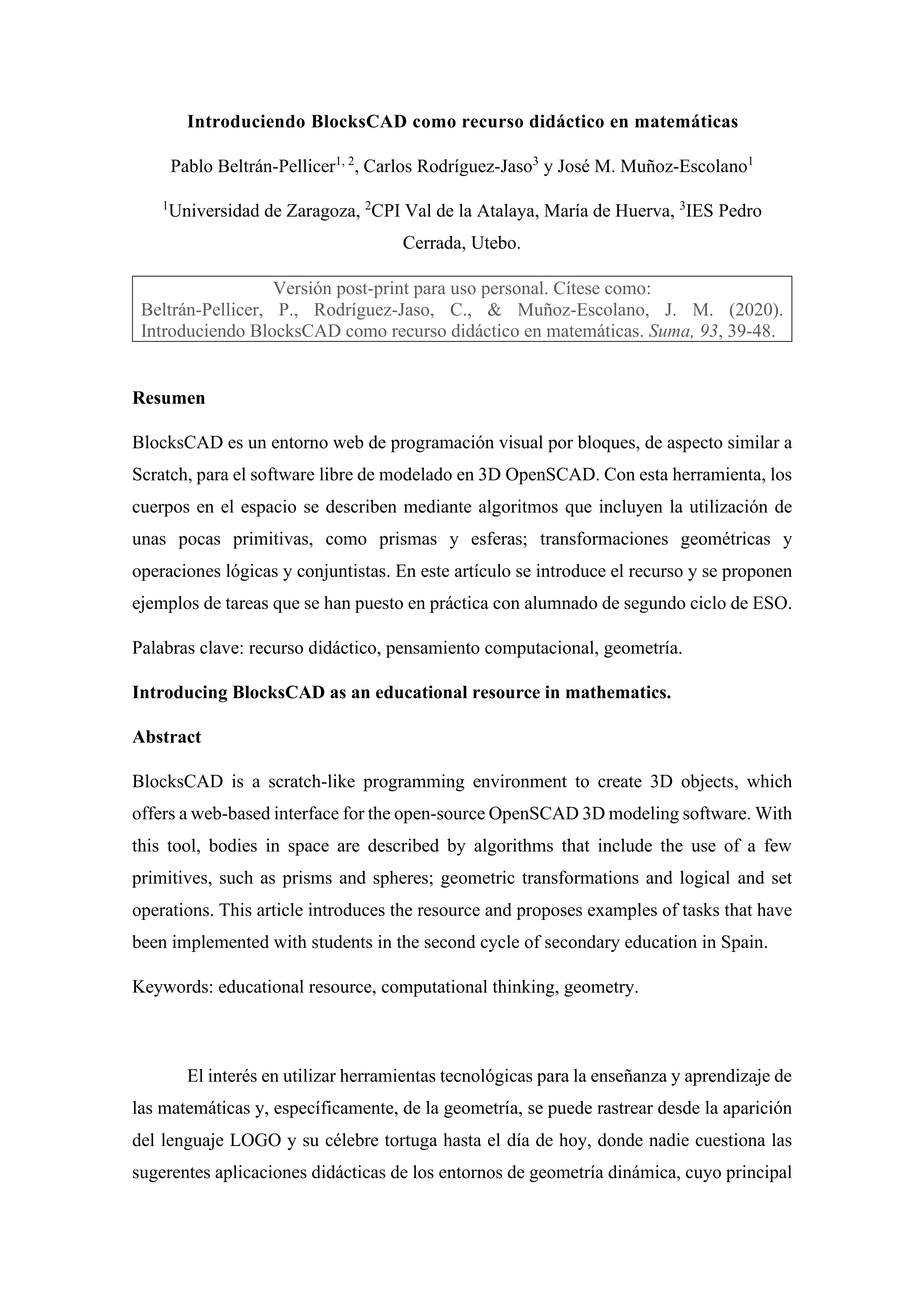 Introduciendo BlocksCad como recurso didáctico en matemáticas.