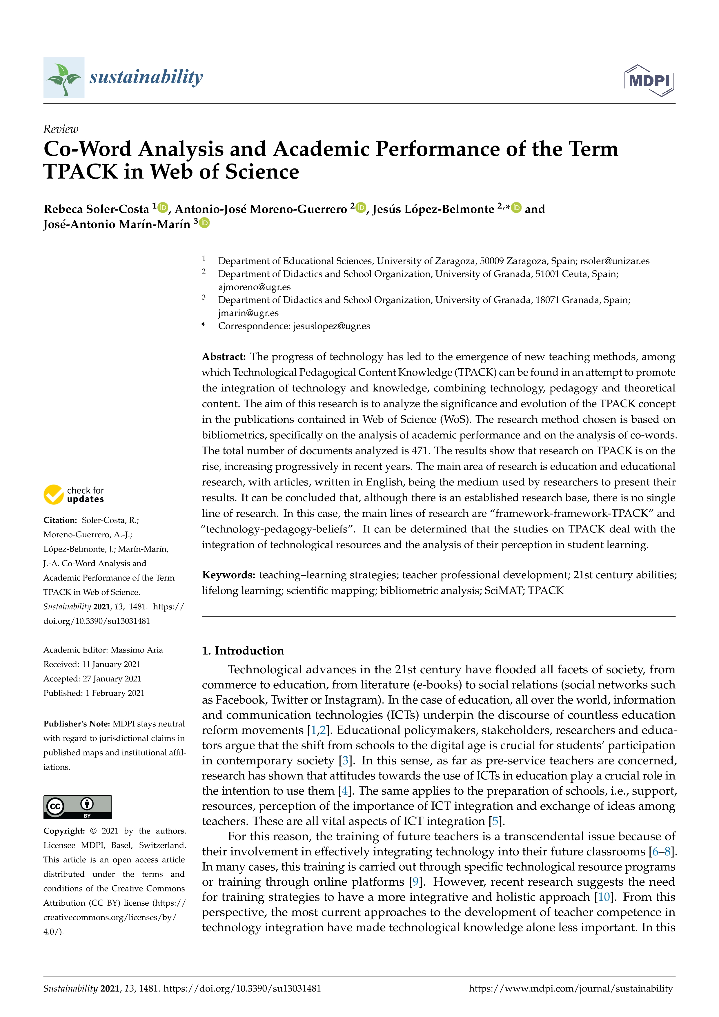 Co-word analysis and academic perfomance of the term TPACK in Web of Science