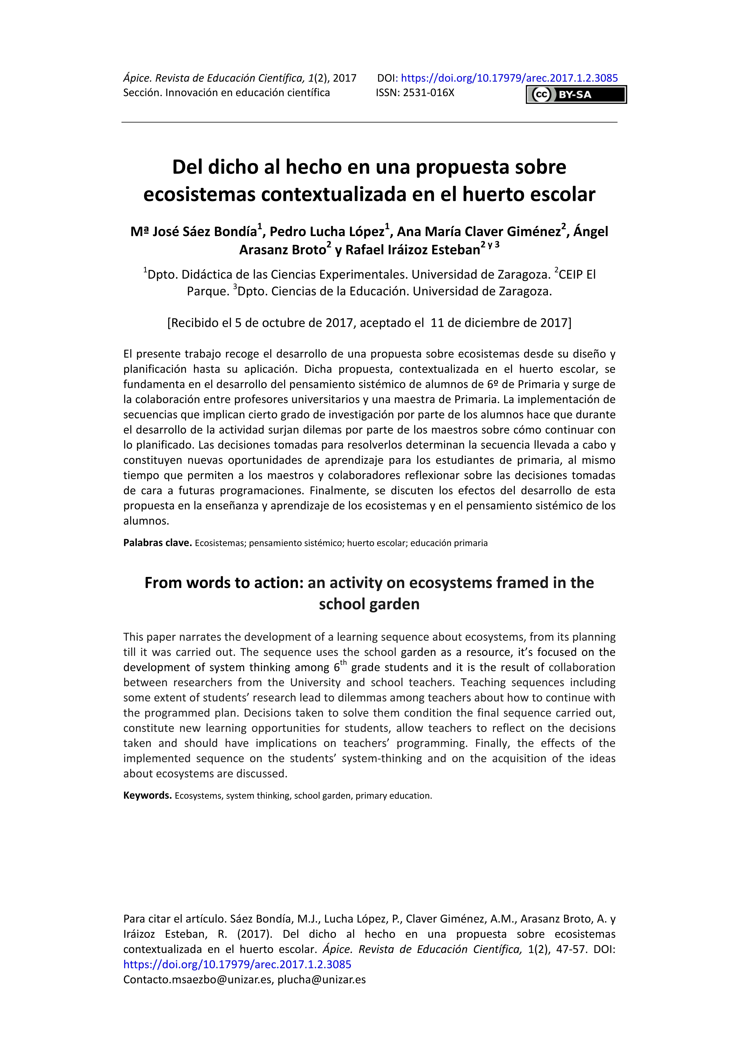 Del dicho al hecho en una propuesta sobre ecosistemas contextualizada en el huerto escolar