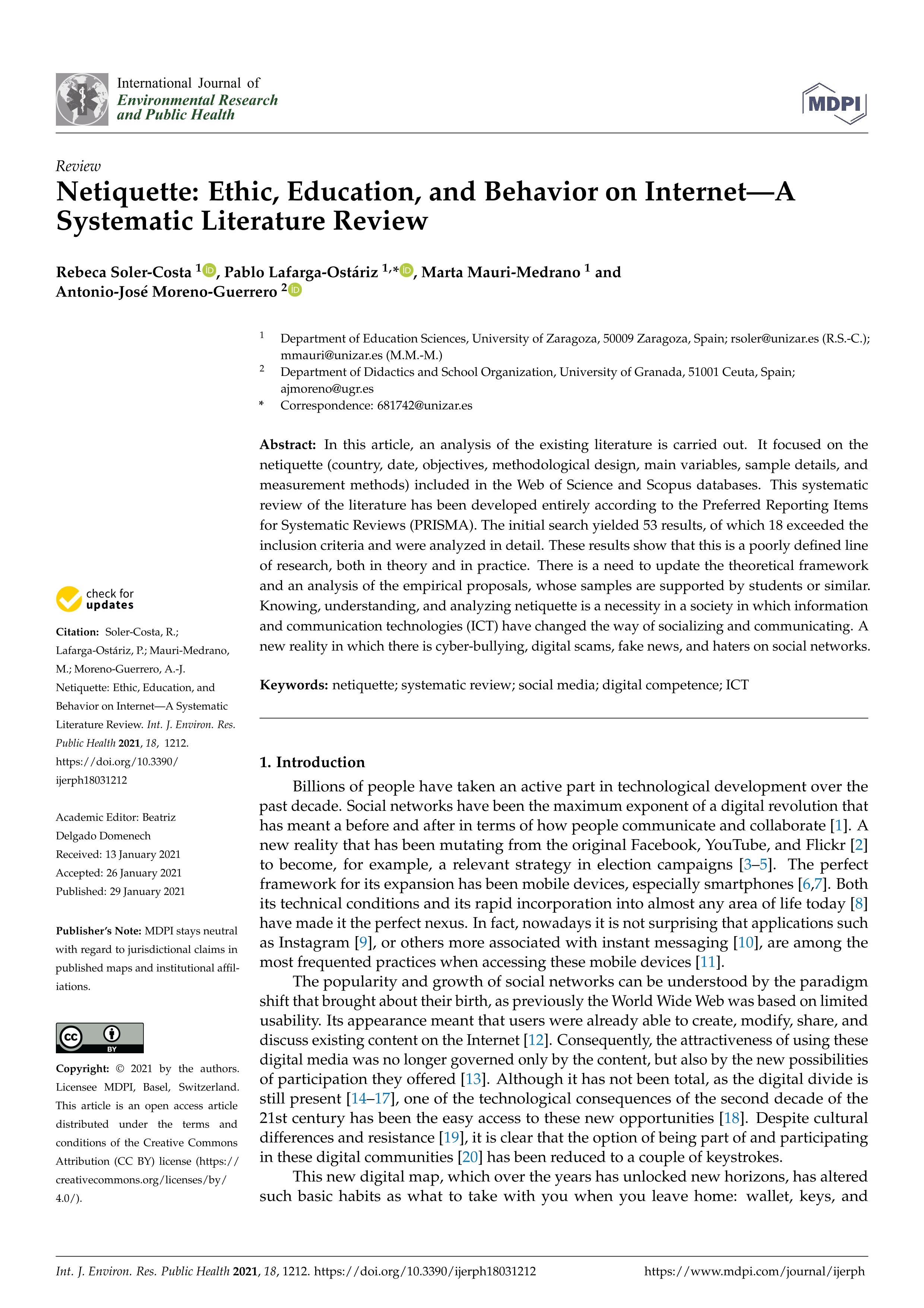 Netiquette: ethic, education and behavior on Internet. A systematic literature review