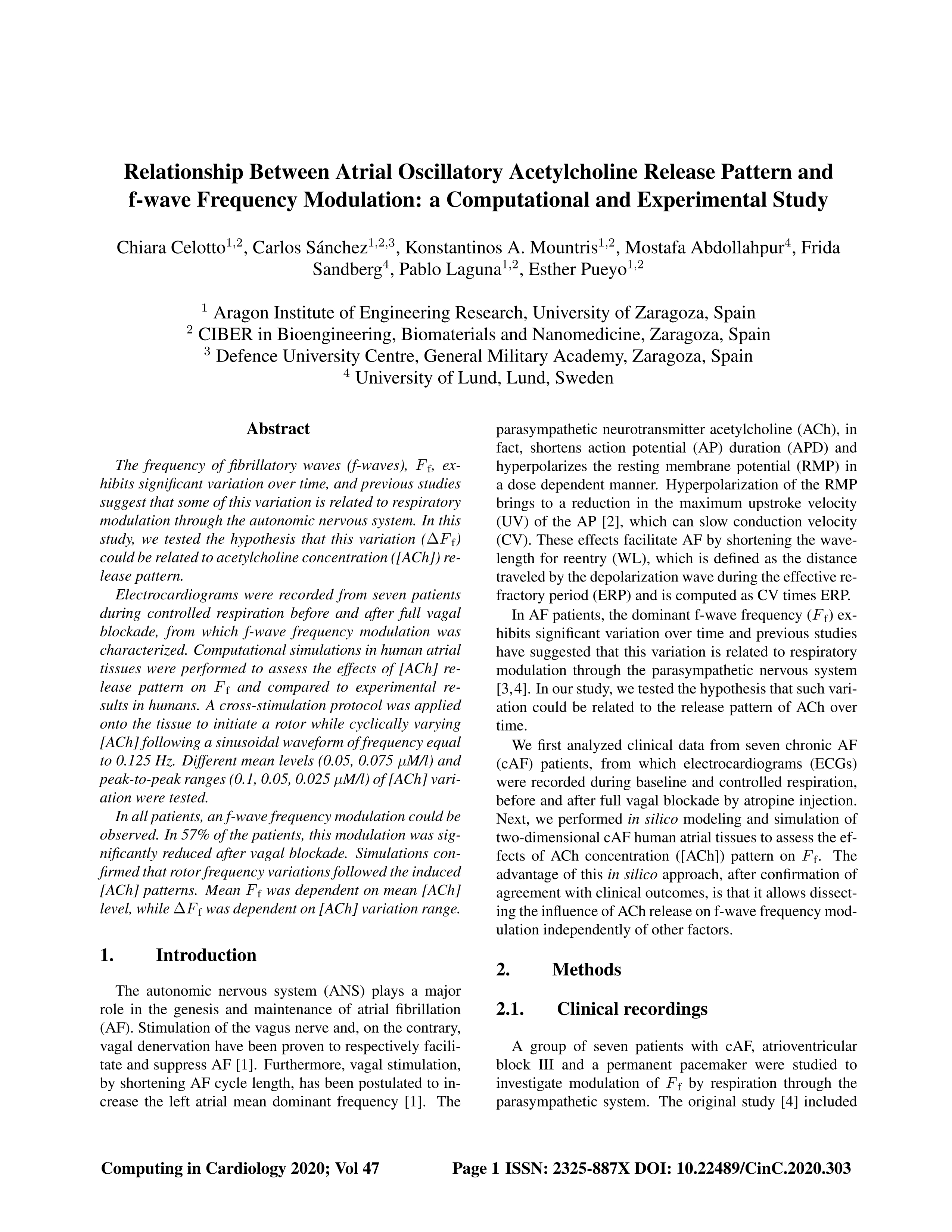 Relationship between Atrial Oscillatory Acetylcholine Release Pattern and f-wave Frequency Modulation: a Computational and Experimental Study