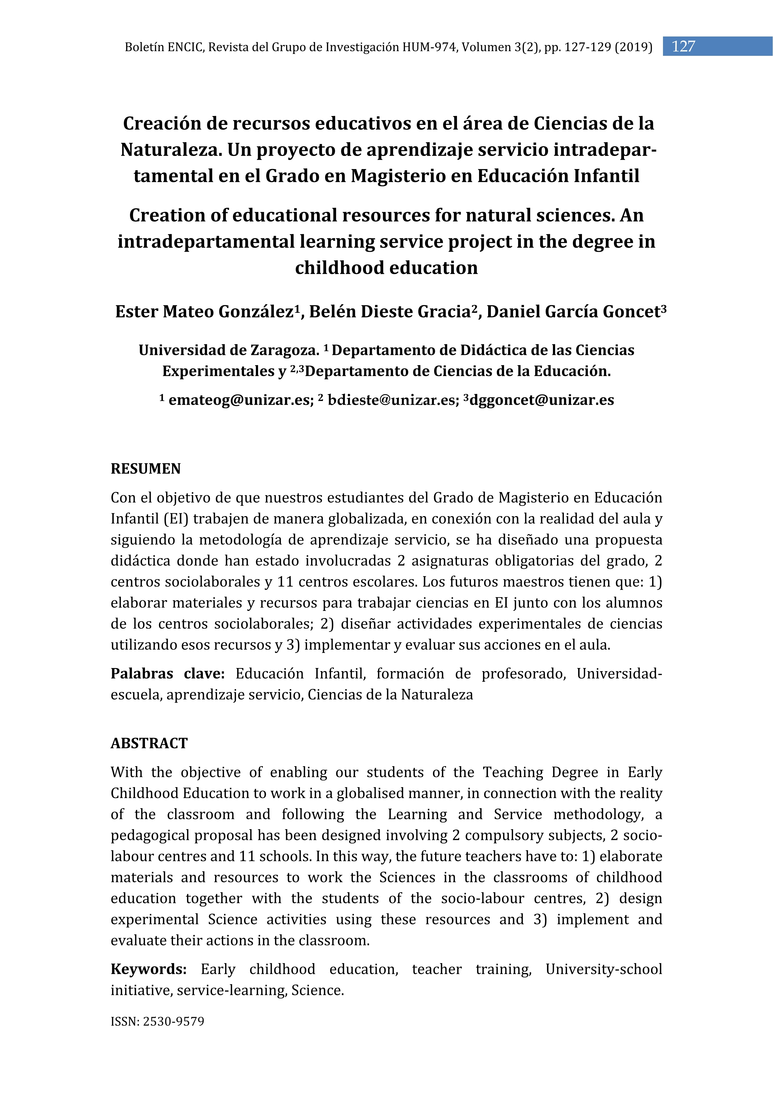 Creación de recursos educativos en el área de Ciencias de la Naturaleza. Un proyecto de aprendizaje servicio intradepartamental en el Grado en Magisterio en Educación Infantil