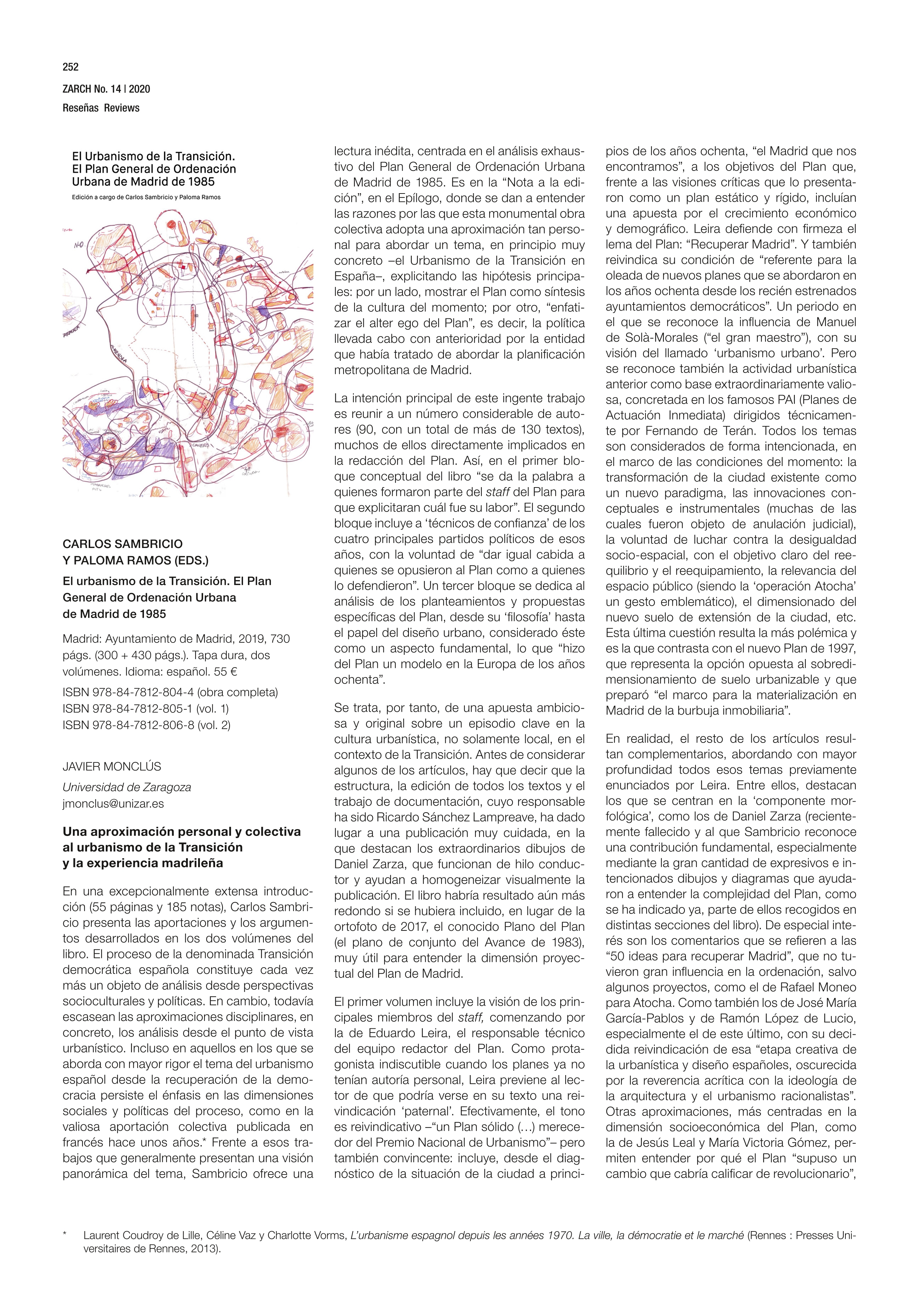 C. SAMBRICIO, P. RAMOS (eds.) - El urbanismo de la Transición. El Plan General de Ordenación Urbana de Madrid de 1985. Una aproximación personal y colectiva al urbanismo de la Transición y la experiencia madrileña