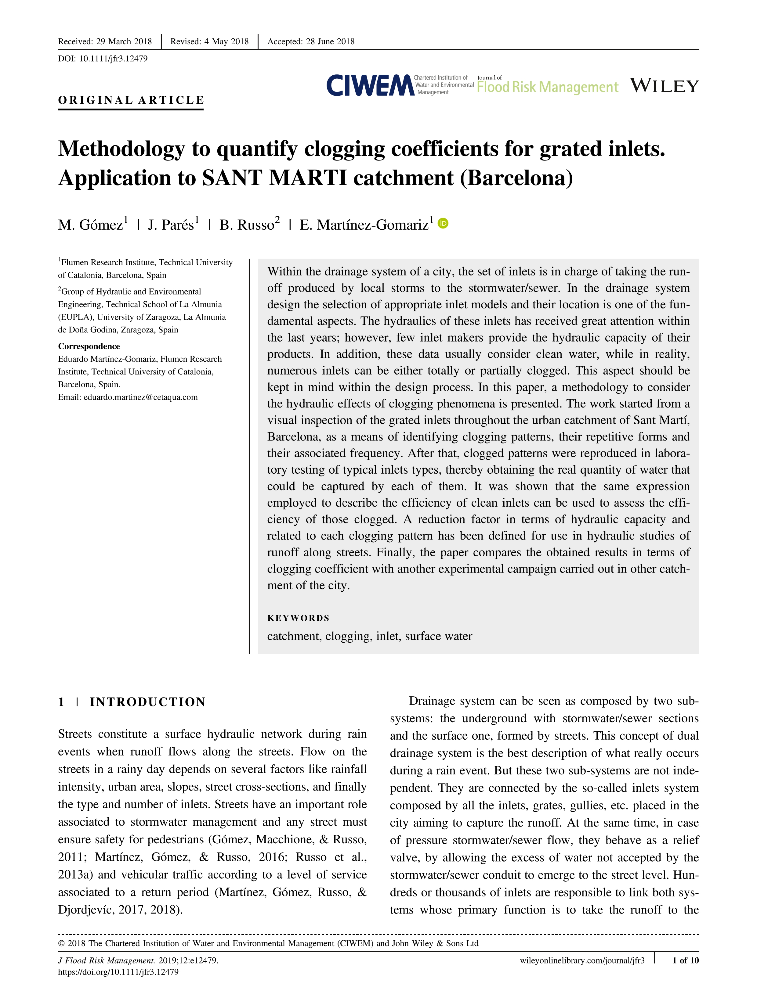Methodology to quantify clogging coefficients for grated inlets. Application to SANT MARTI catchment (Barcelona)
