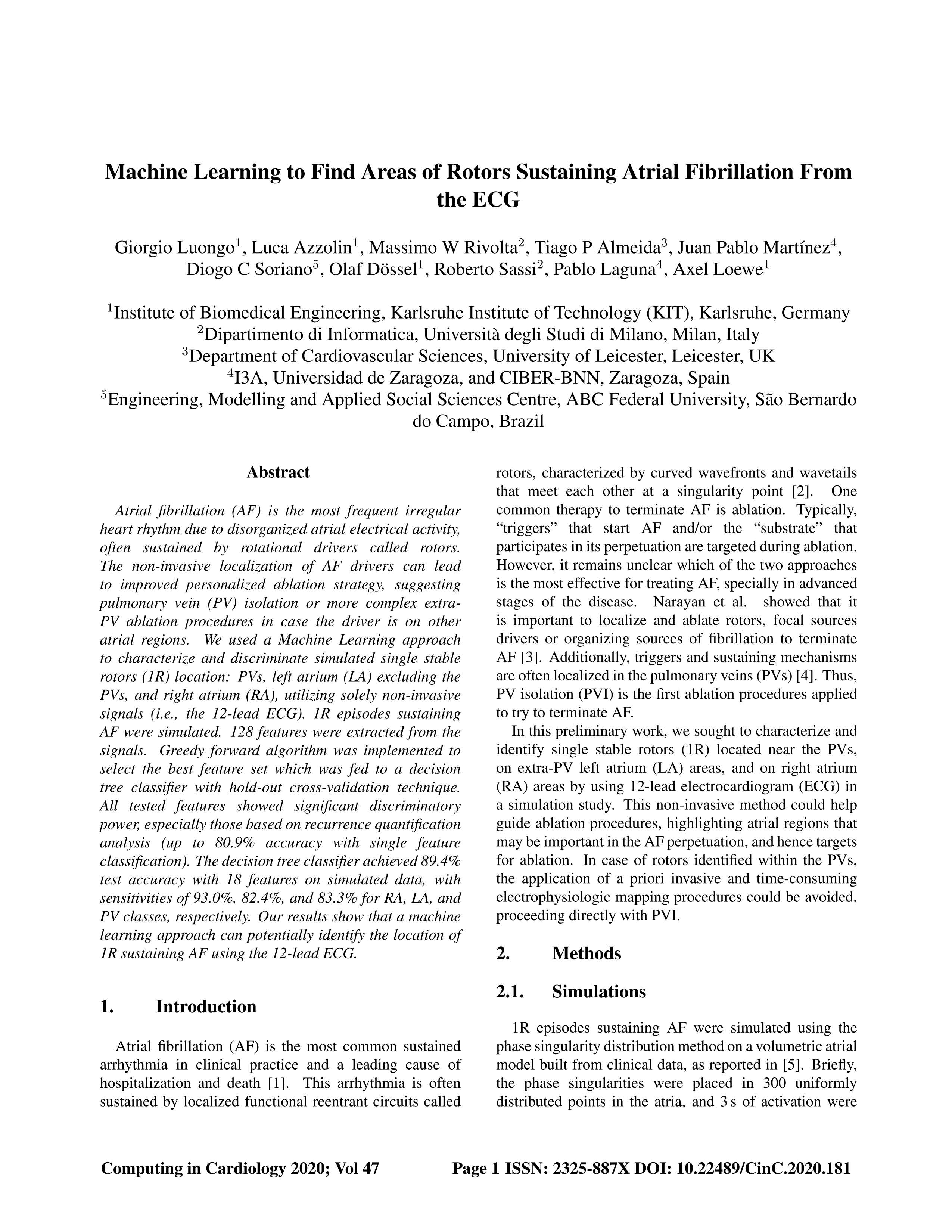 Machine Learning to Find Areas of Rotors Sustaining Atrial Fibrillation from the ECG