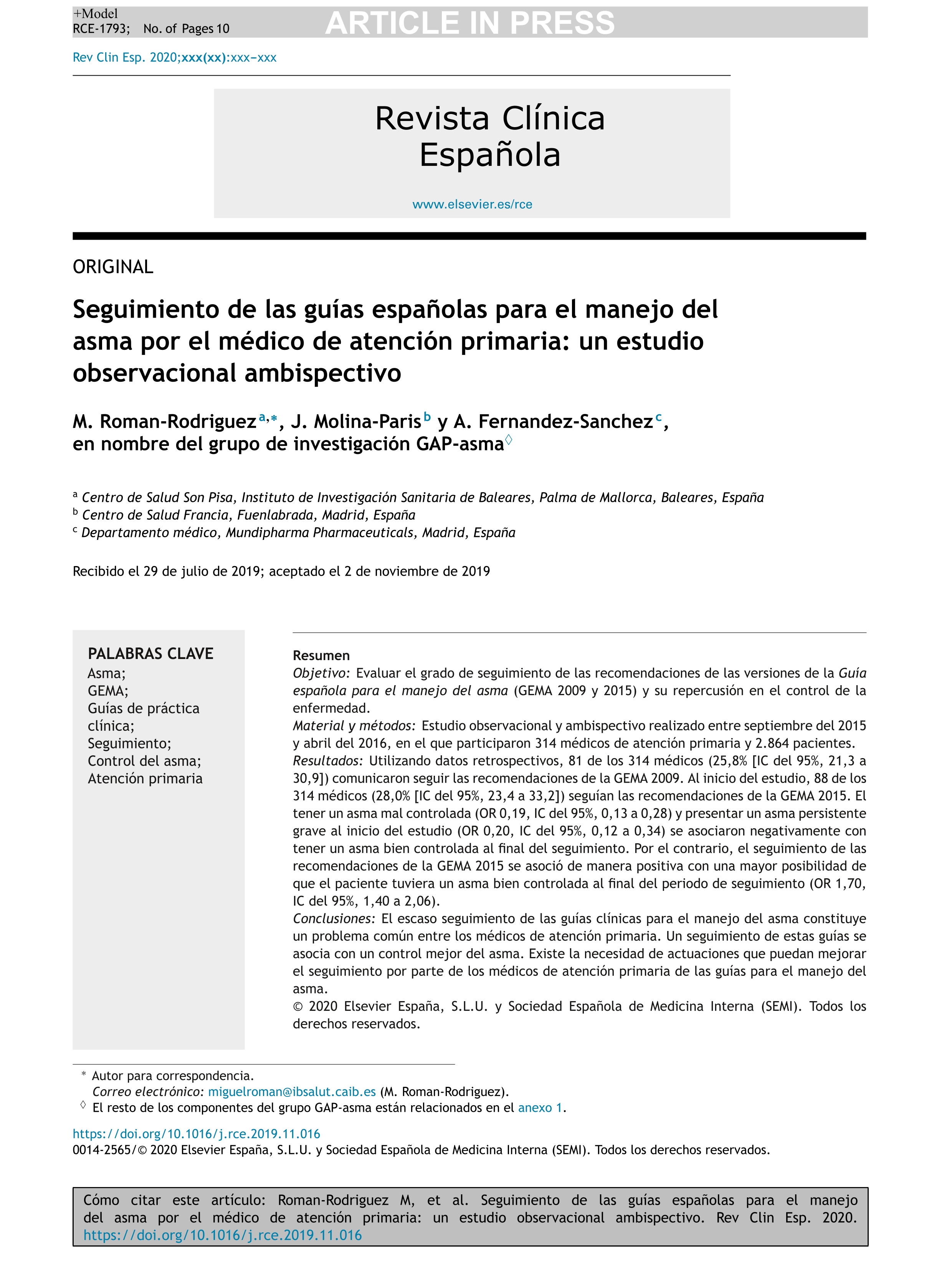 Seguimiento de las guías españolas para el manejo del asma por el médico de atención primaria: un estudio observacional ambispectivo