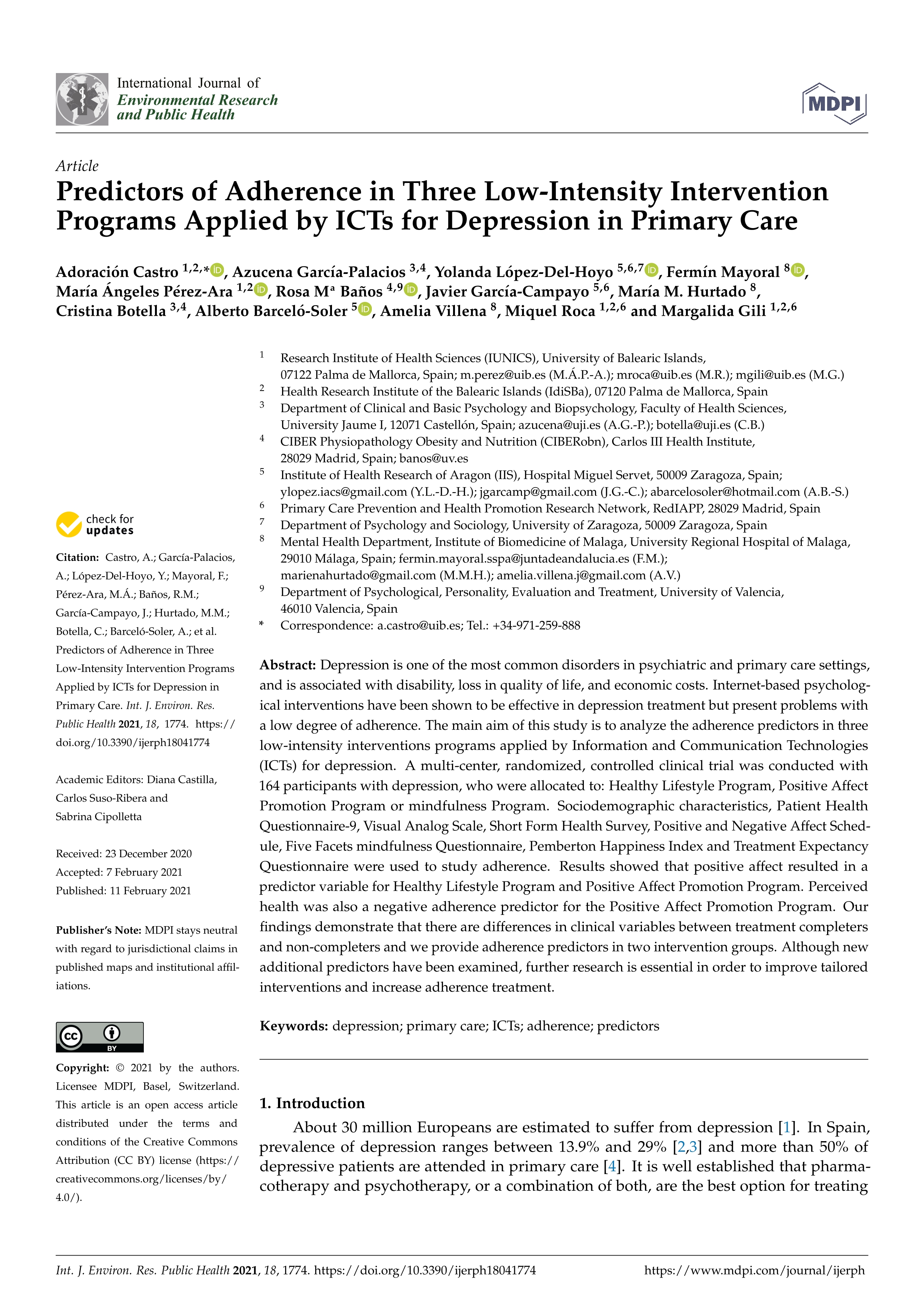 Predictors of Adherence in Three Low-Intensity Intervention Programs Applied by ICTs for Depression in Primary Care