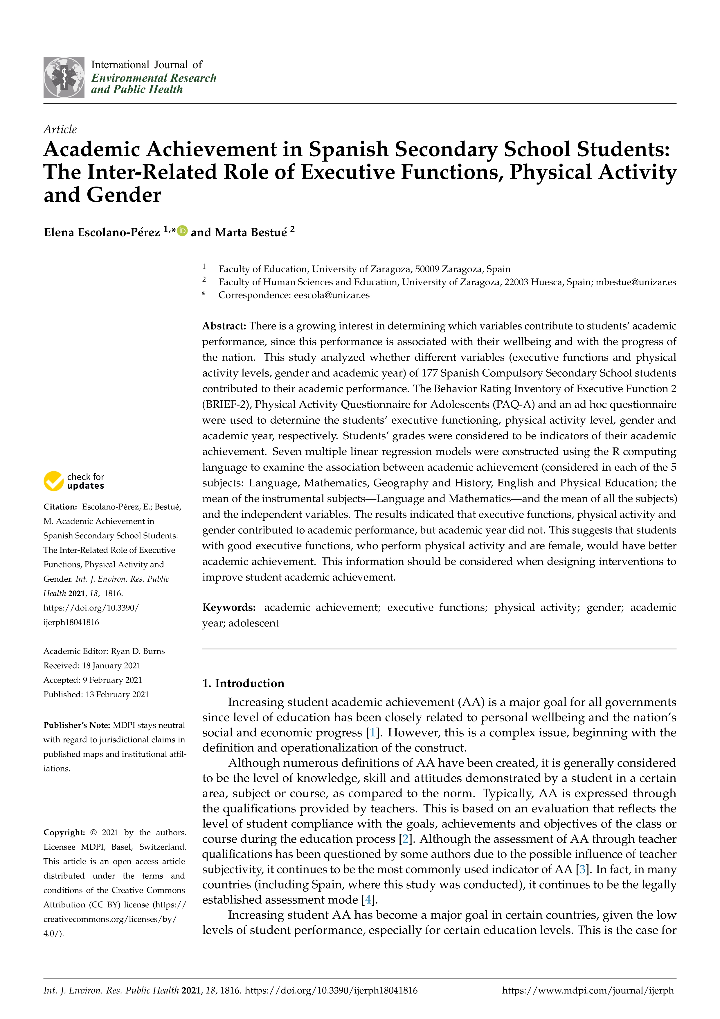 Academic achievement in spanish secondary school students: The inter-related role of executive functions, physical activity and gender