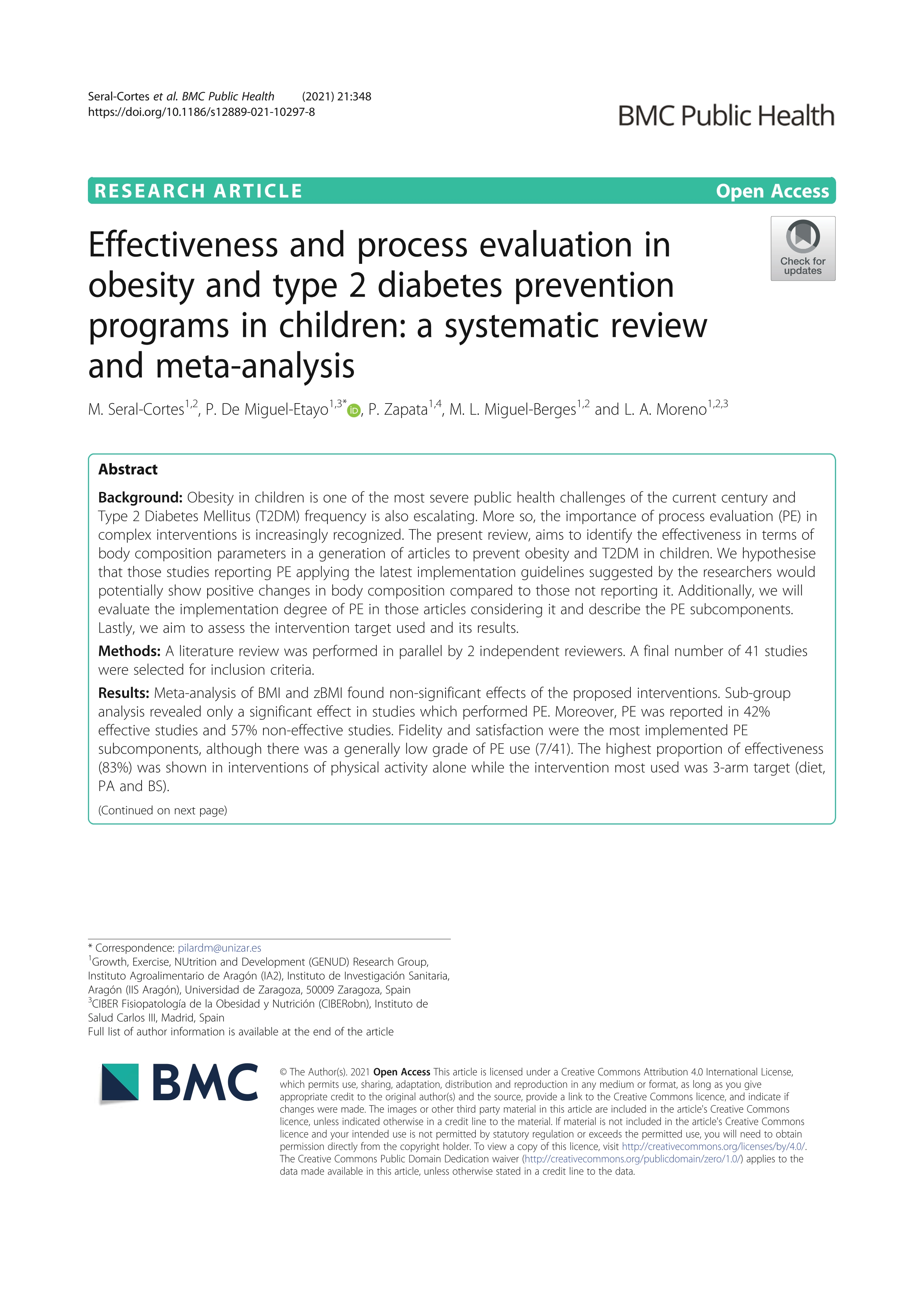 Effectiveness and process evaluation in obesity and type 2 diabetes prevention programs in children: a systematic review and meta-analysis
