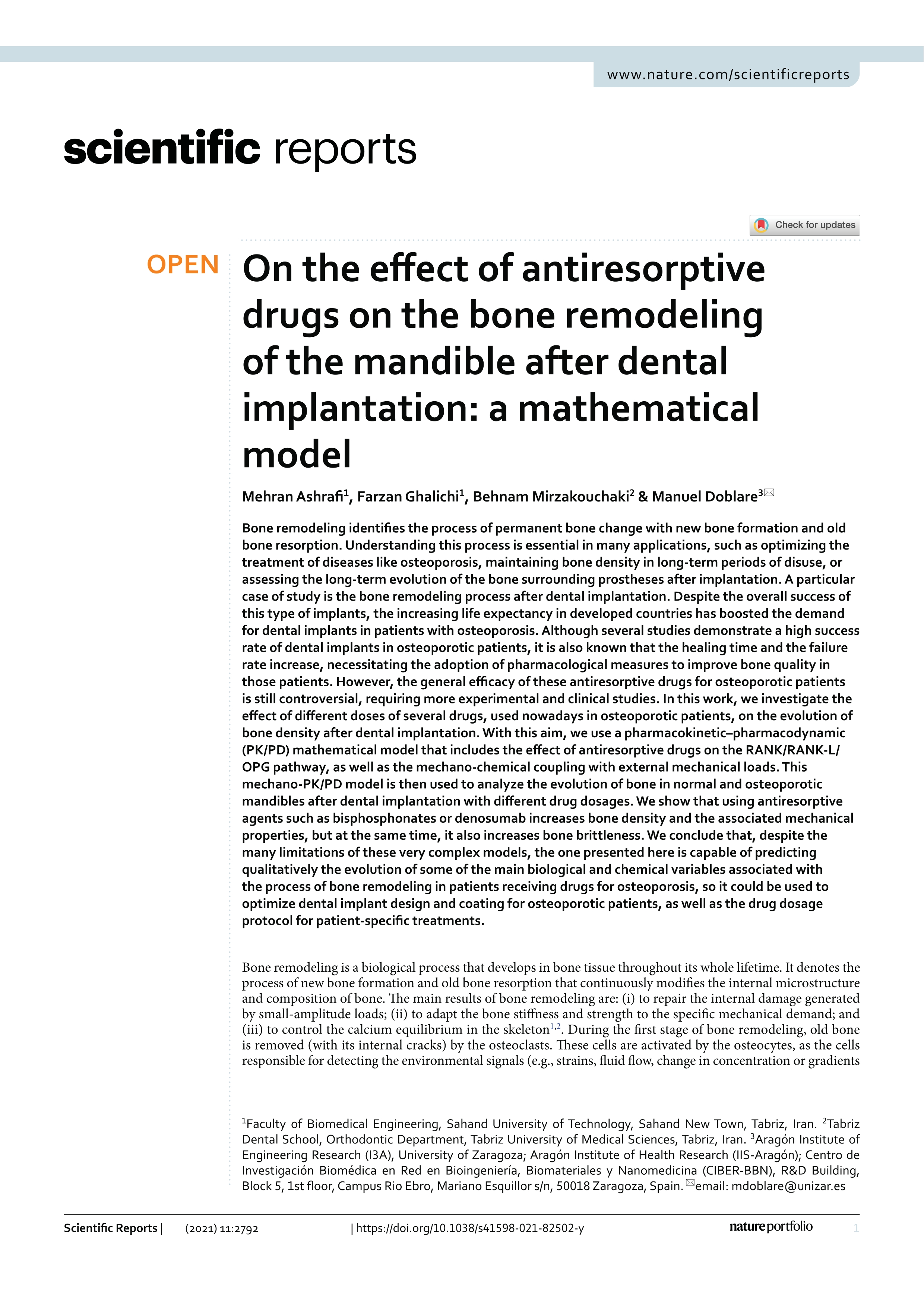 On the effect of antiresorptive drugs on the bone remodeling of the mandible after dental implantation: a mathematical model