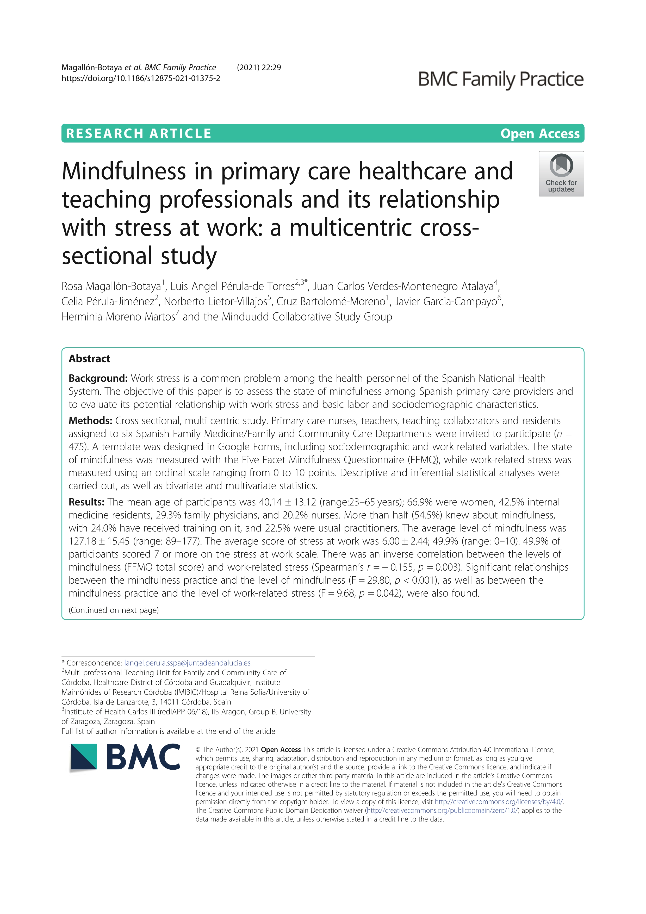 Mindfulness in primary care healthcare and teaching professionals and its relationship with stress at work: a multicentric cross-sectional study
