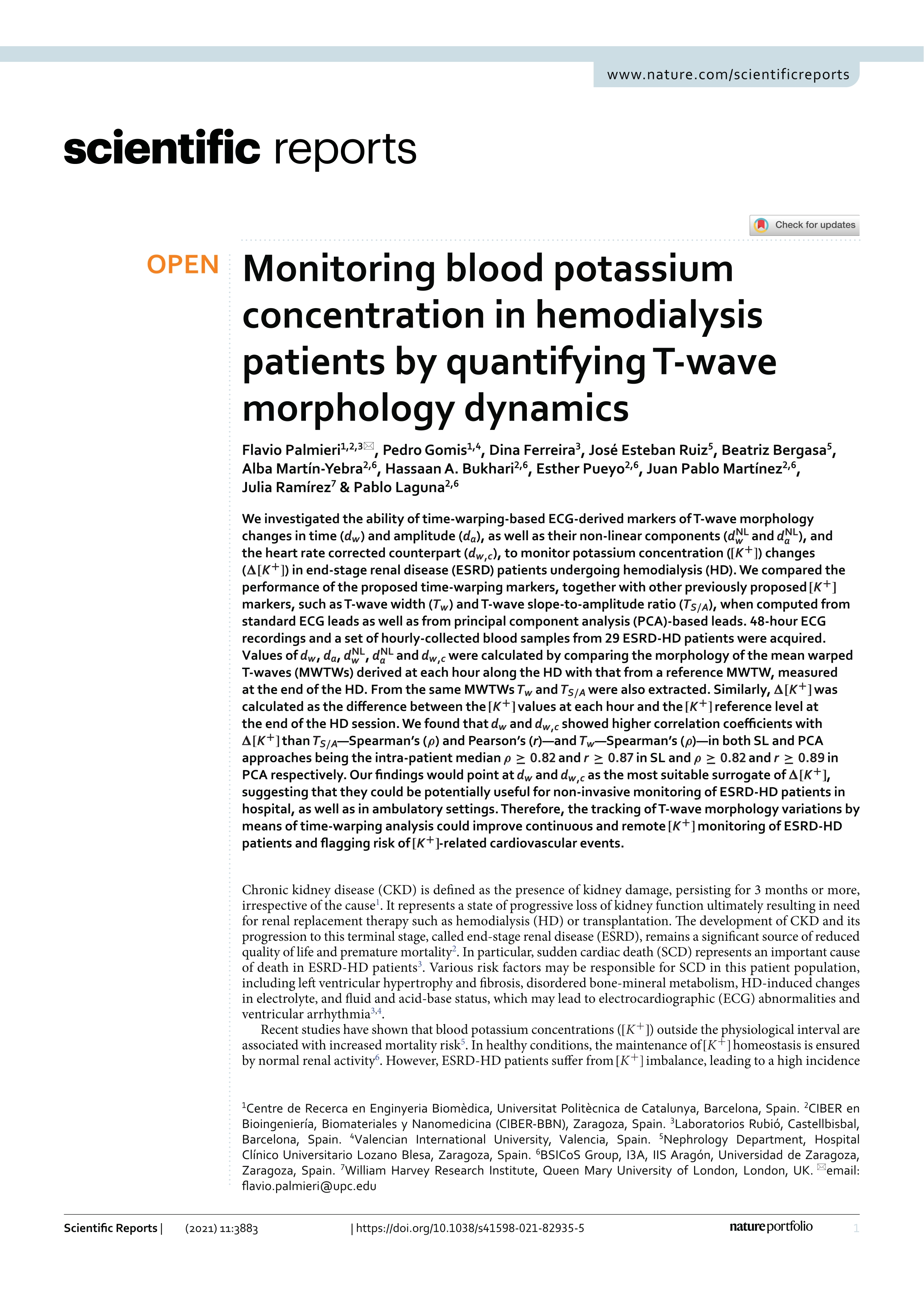 Monitoring blood potassium concentration in hemodialysis patients by quantifying T-wave morphology dynamics