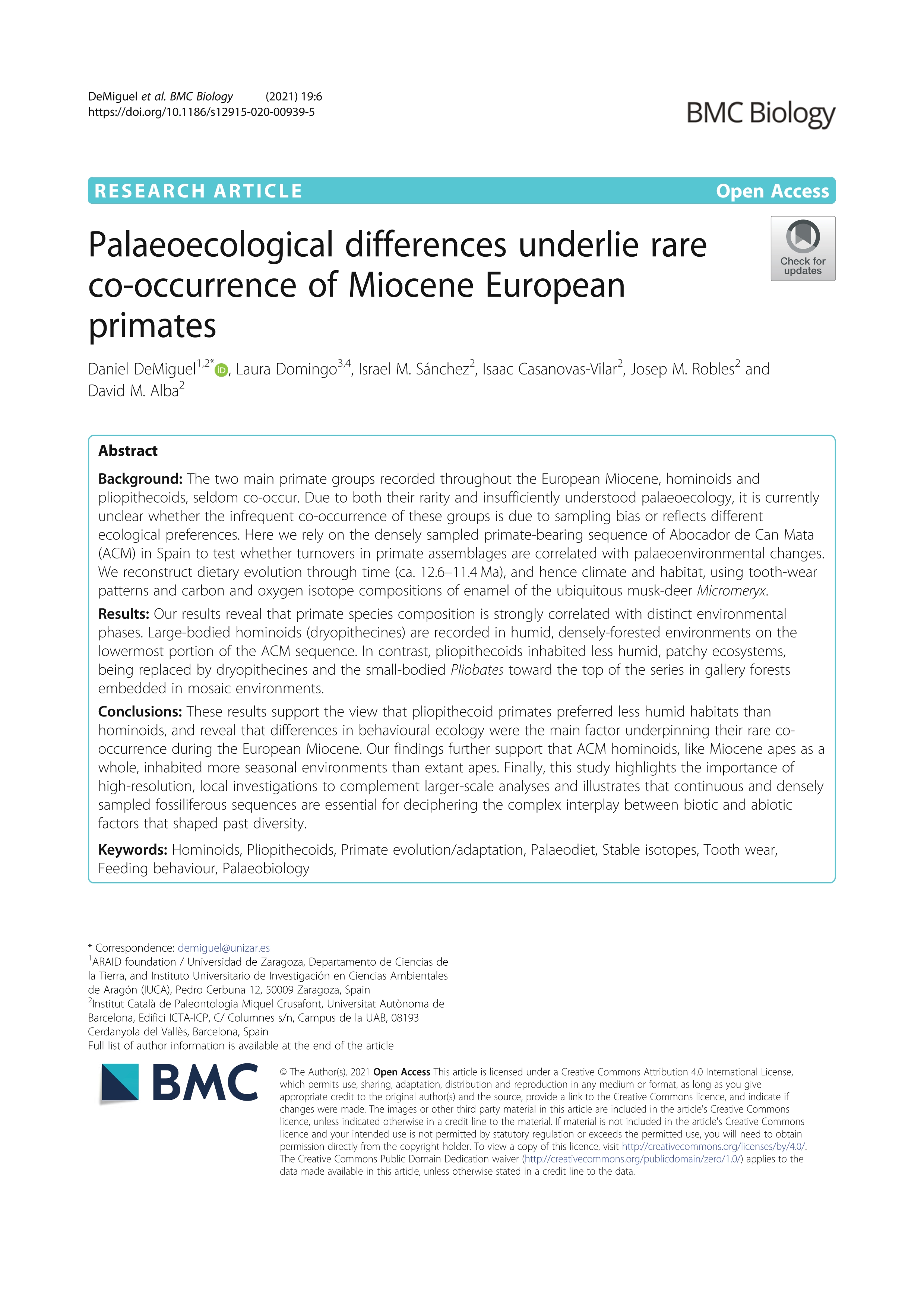 Palaeoecological differences underlie rare co-occurrence of Miocene European primates