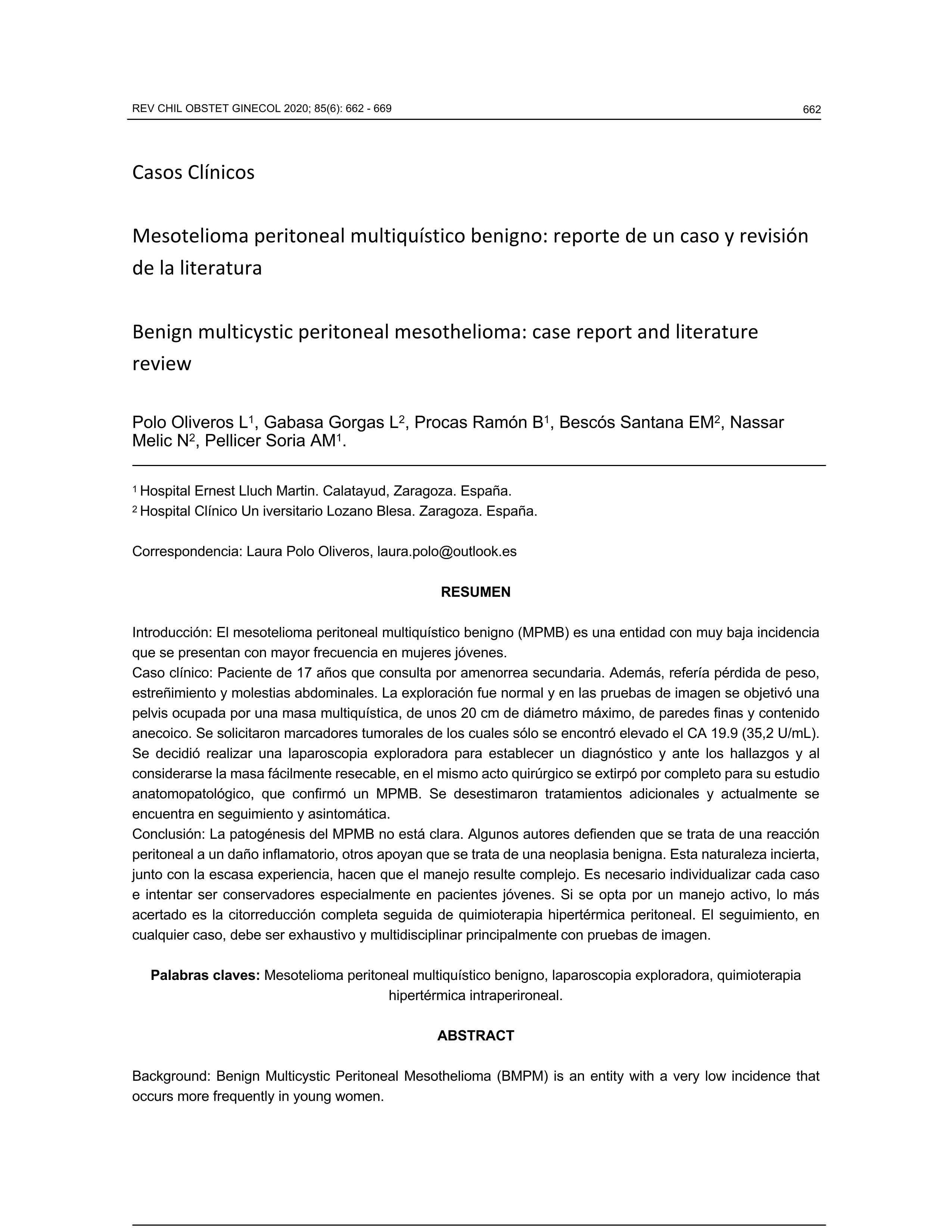 Mesotelioma peritoneal multiquístico benigno: Reporte de un caso y revisión de la literatura