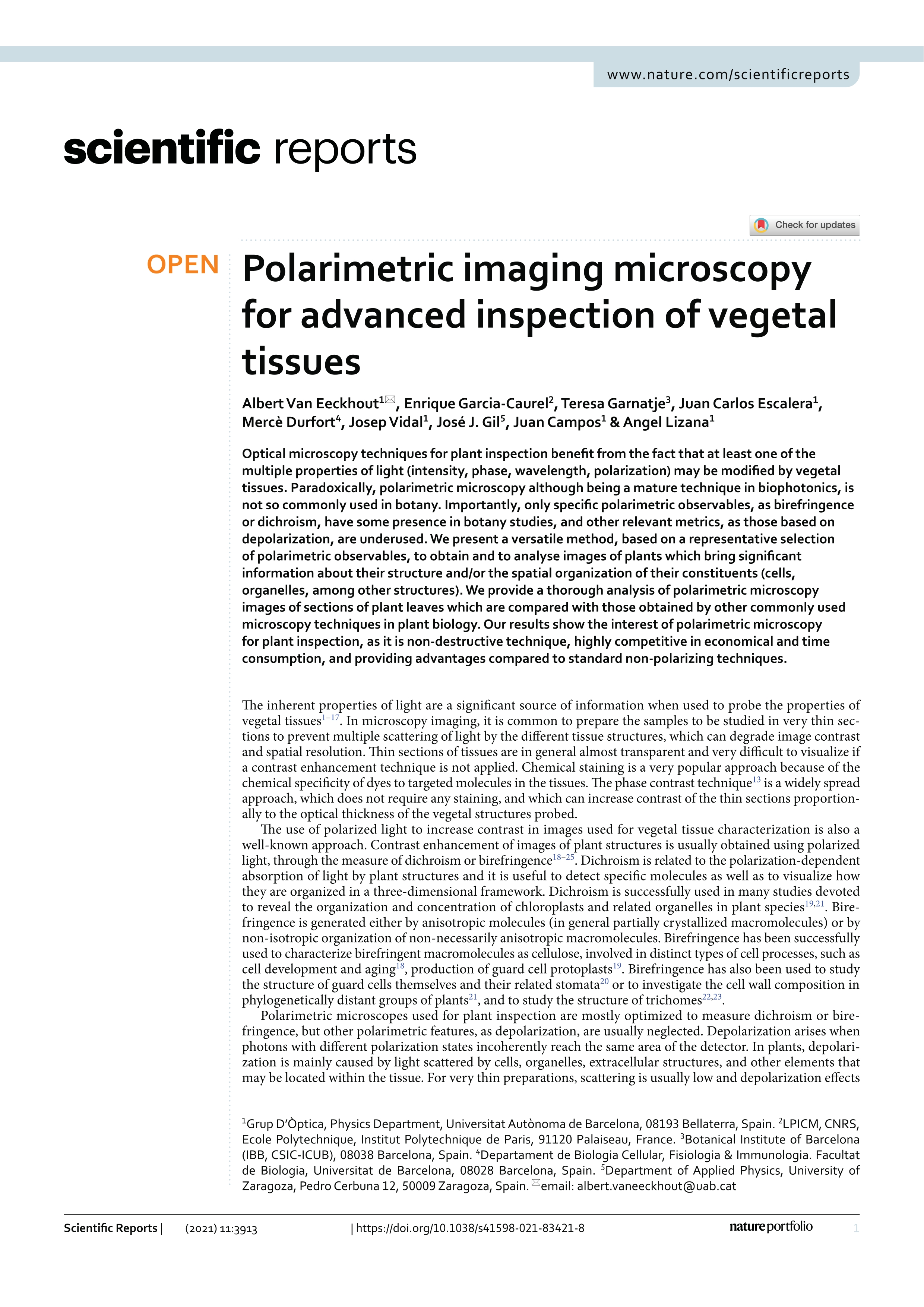 Polarimetric imaging microscopy for advanced inspection of vegetal tissues