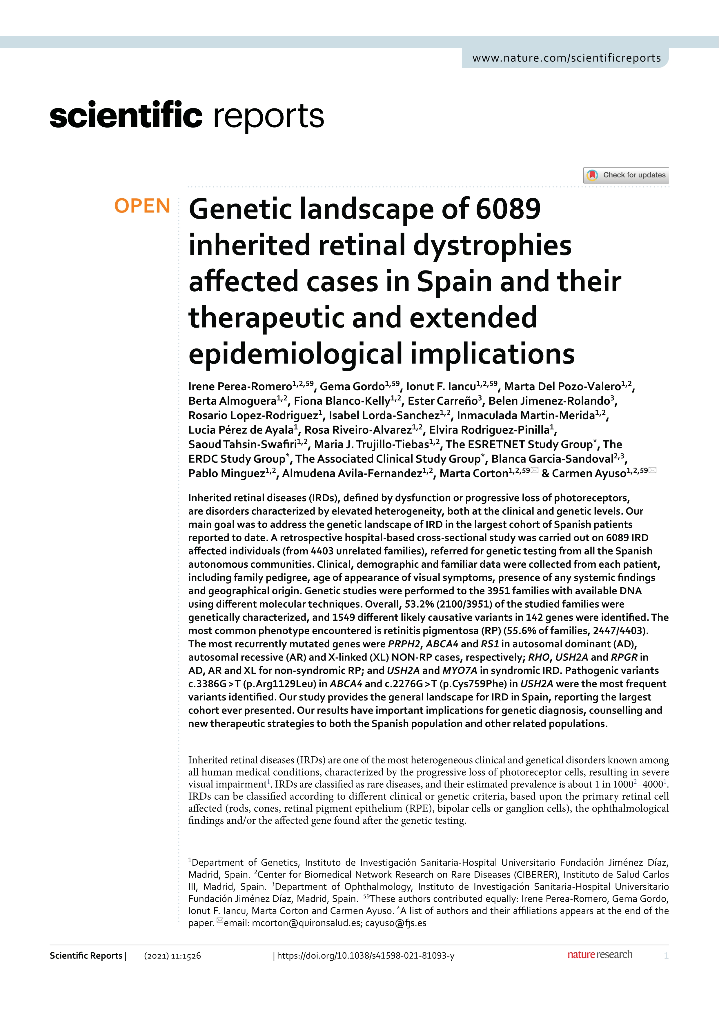 Genetic landscape of 6089 inherited retinal dystrophies affected cases in Spain and their therapeutic and extended epidemiological implications