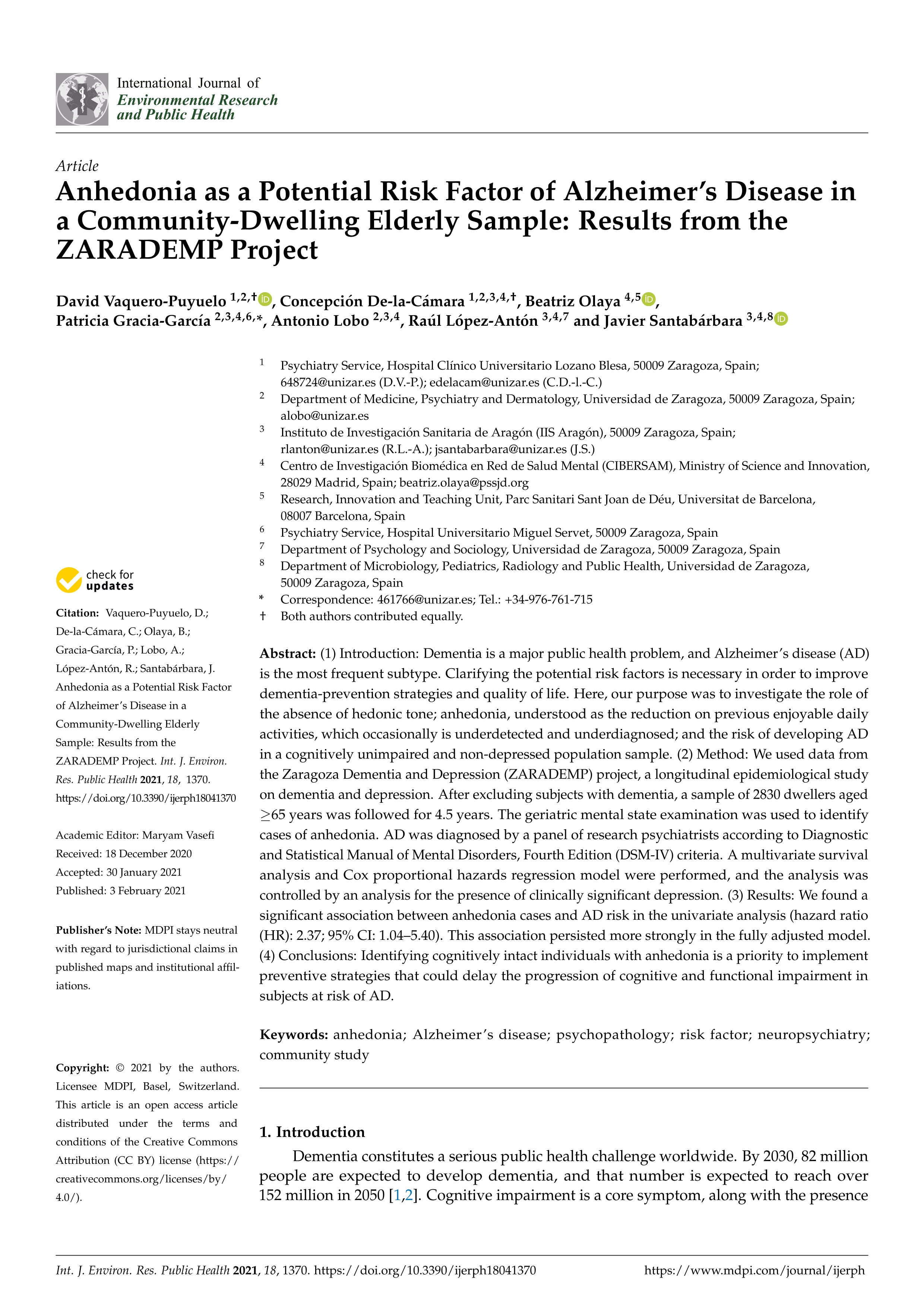 Anhedonia as a potential risk factor of alzheimer’s disease in a community-dwelling elderly sample: Results from the zarademp project