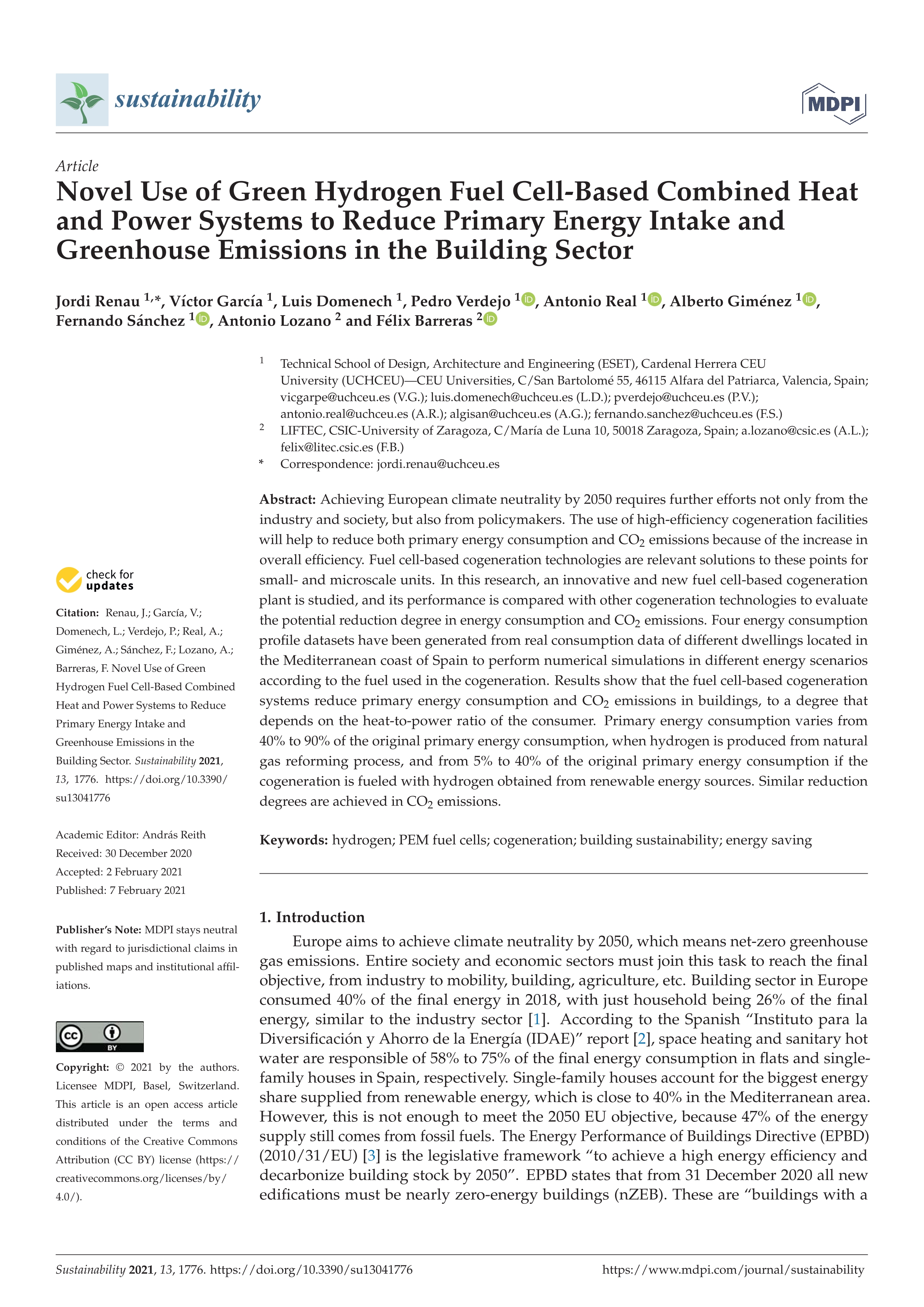 Novel Use Of Green Hydrogen Fuel Cell Based Combined Heat And Power Systems To Reduce Primary Energy Intake And Greenhouse Emiss