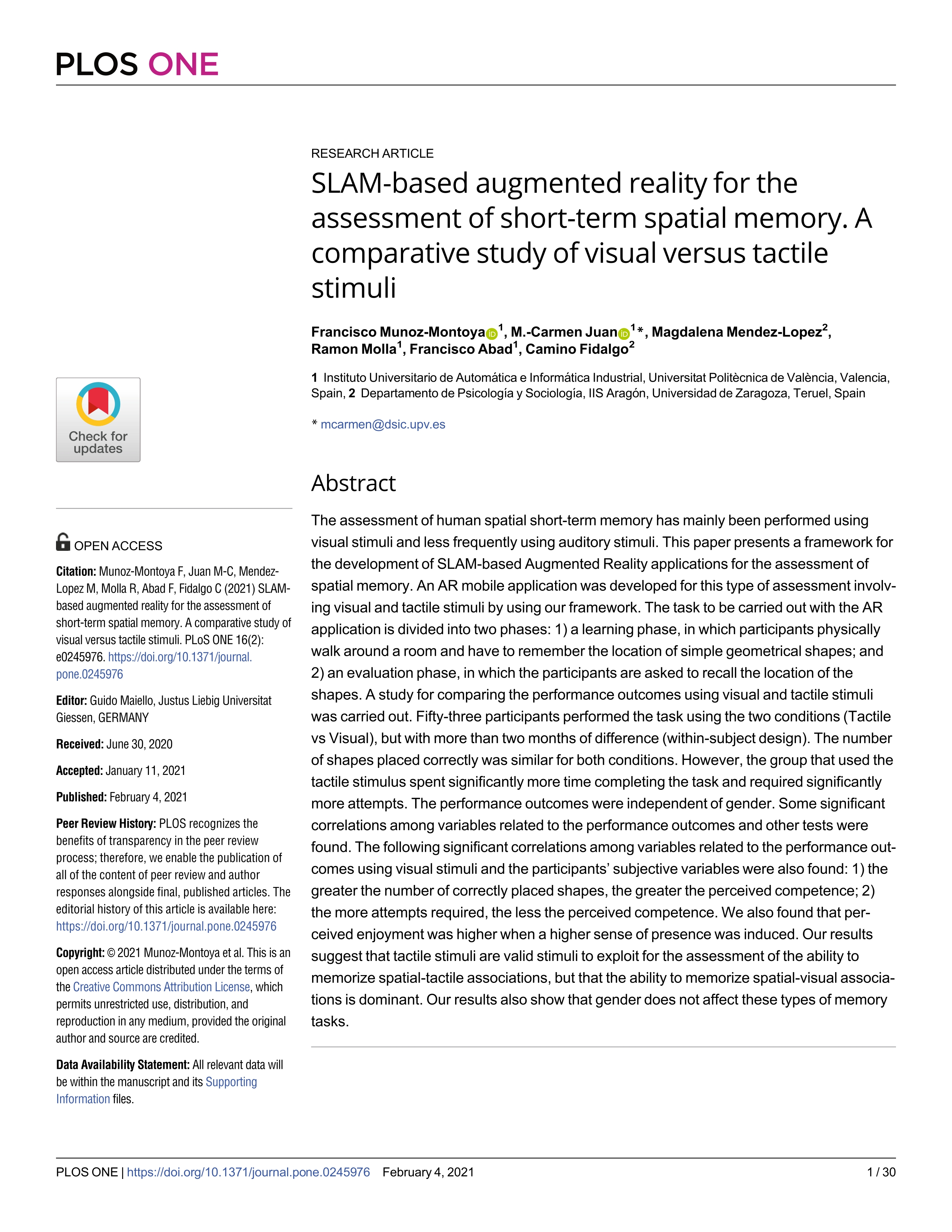 SLAM-based augmented reality for the assessment of short-Term spatial memory. A comparative study of visual versus tactile stimuli