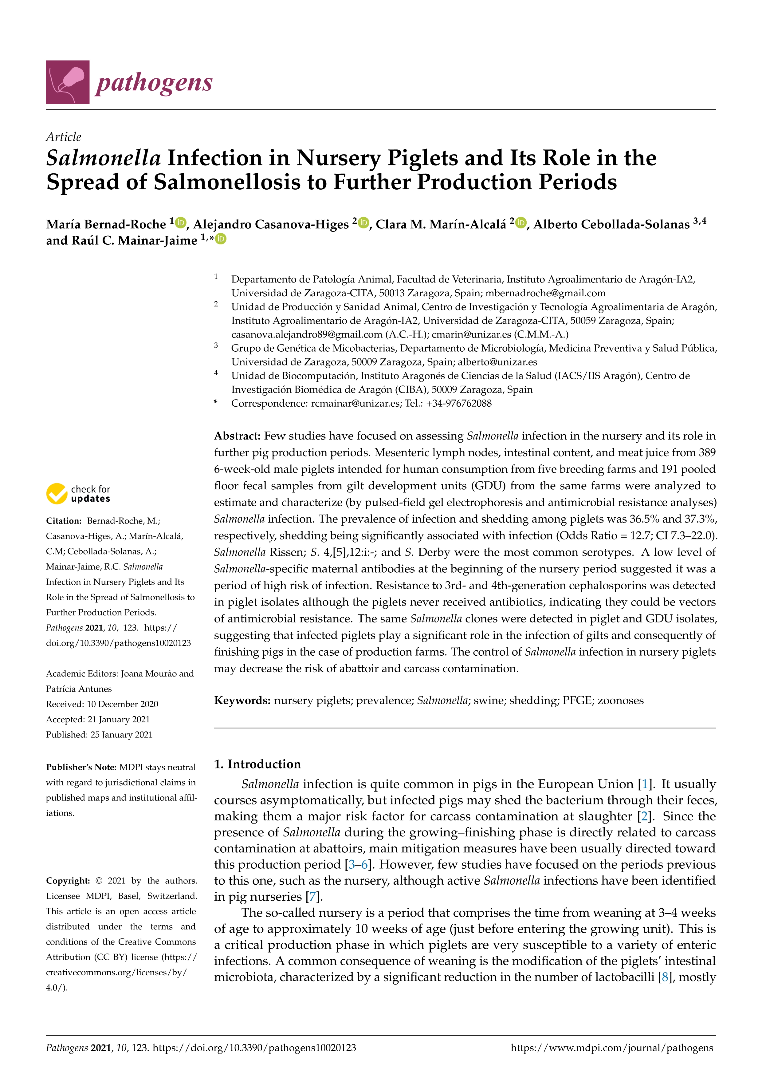 Salmonella infection in nursery piglets and its role in the spread of salmonellosis to further production periods