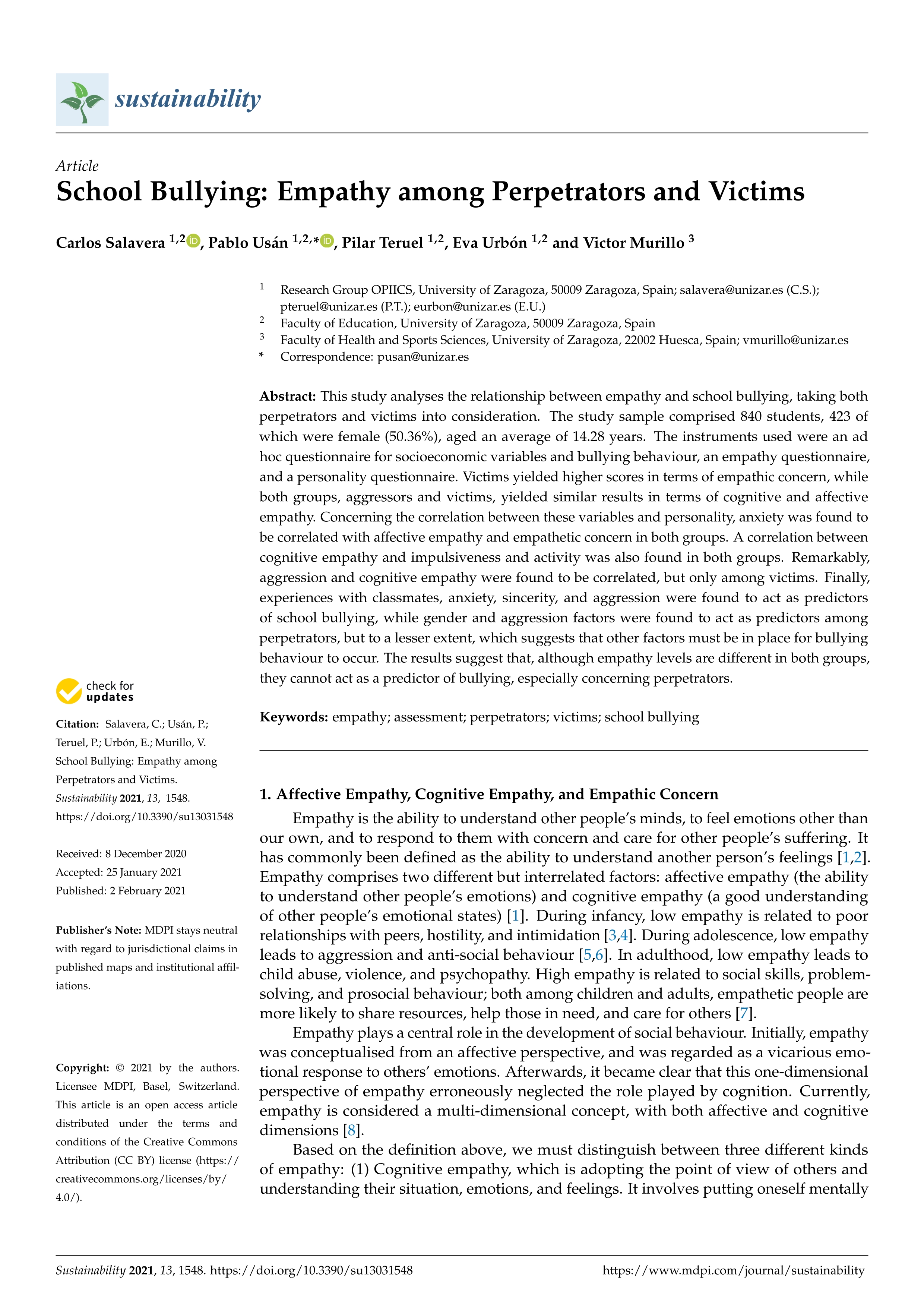 School bullying: Empathy among perpetrators and victims