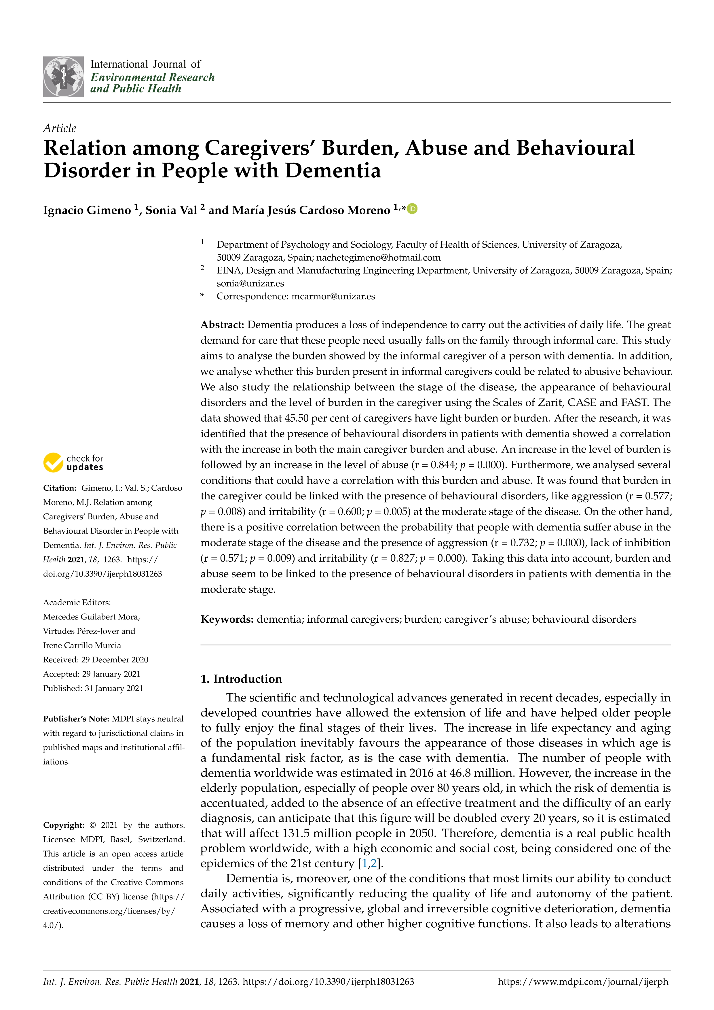 Relation among Caregivers’ Burden, Abuse and Behavioural Disorder in People with Dementia