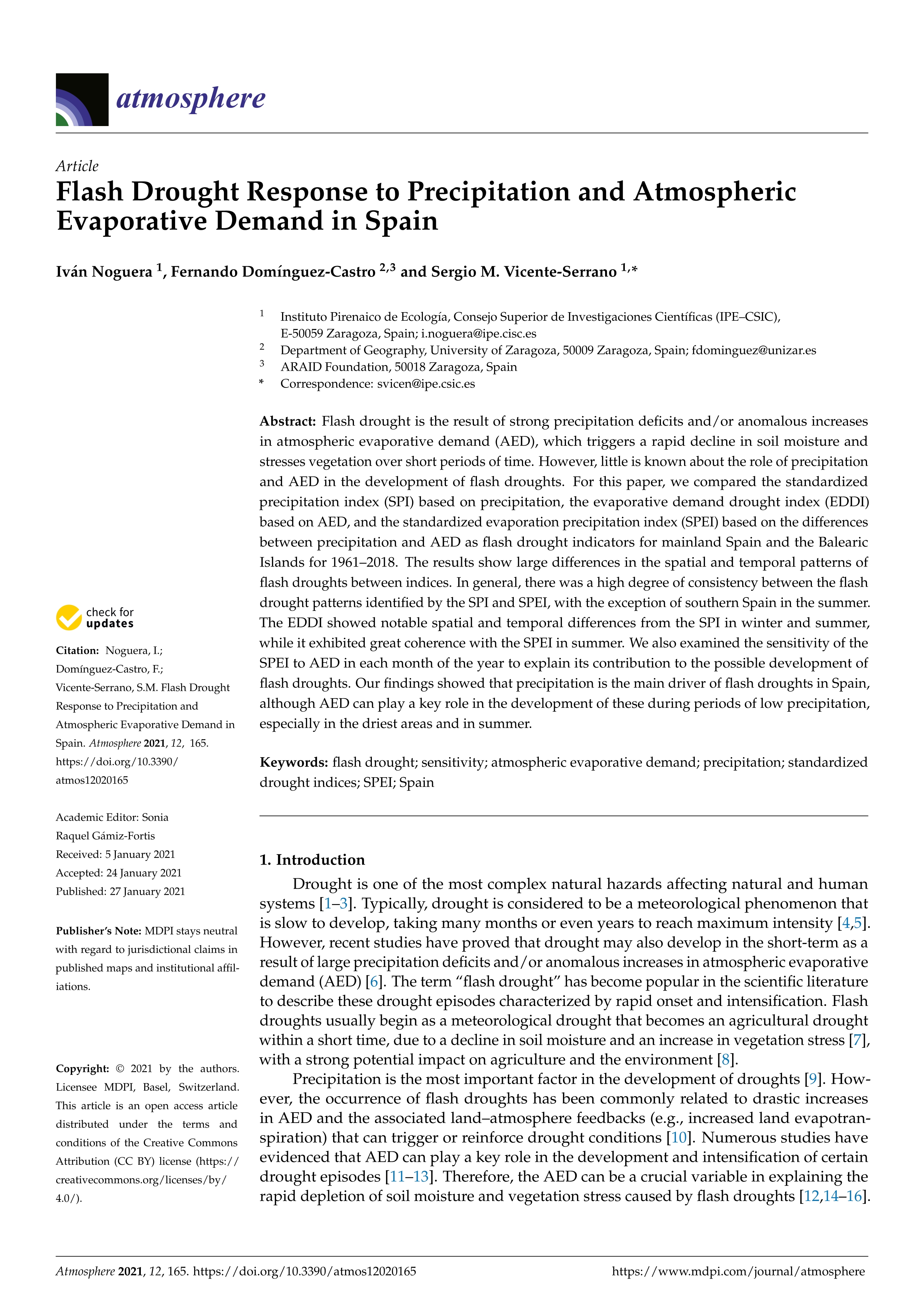 Flash drought response to precipitation and atmospheric evaporative demand in Sspain
