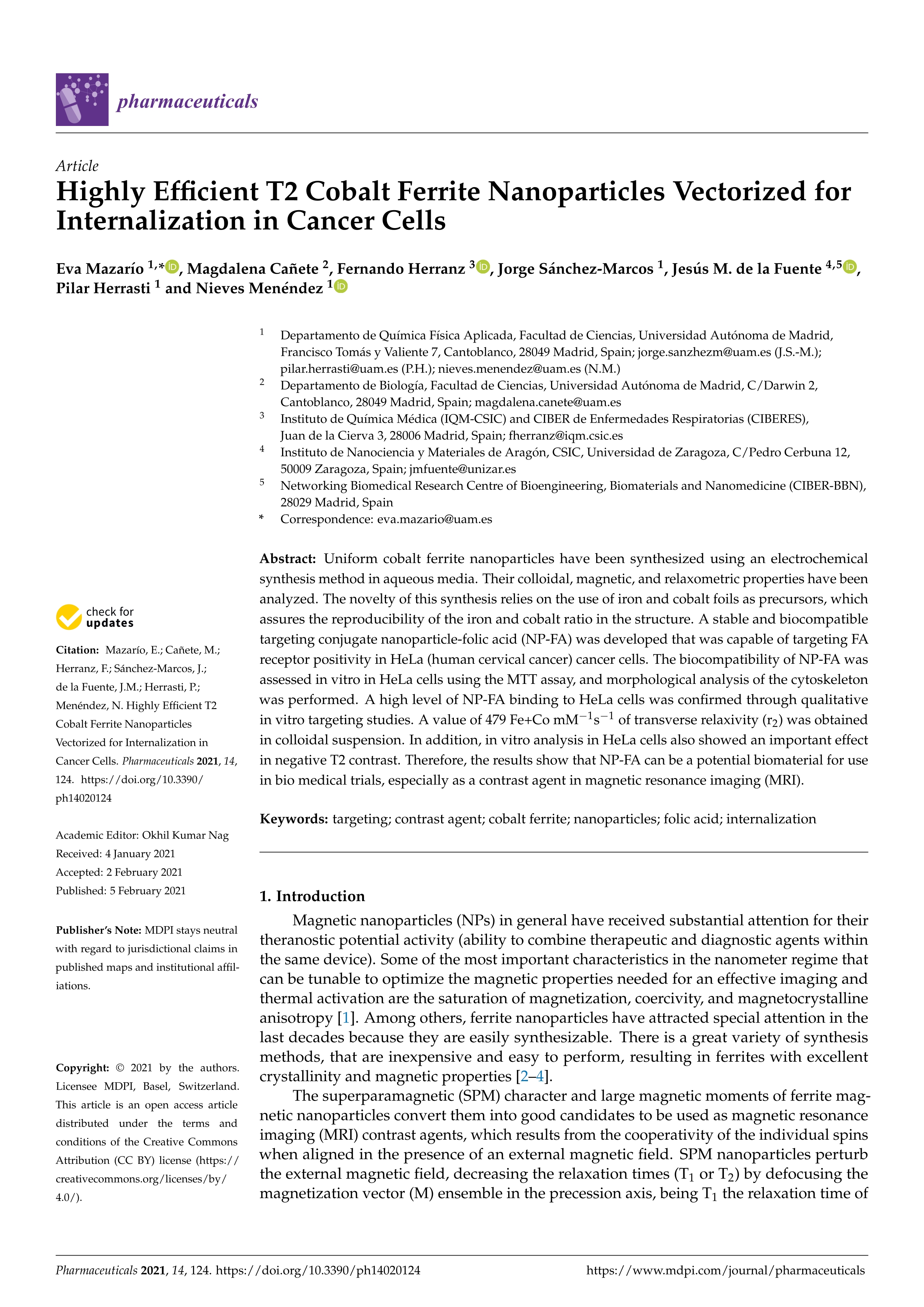 Highly efficient t2 cobalt ferrite nanoparticles vectorized for internalization in cancer cells