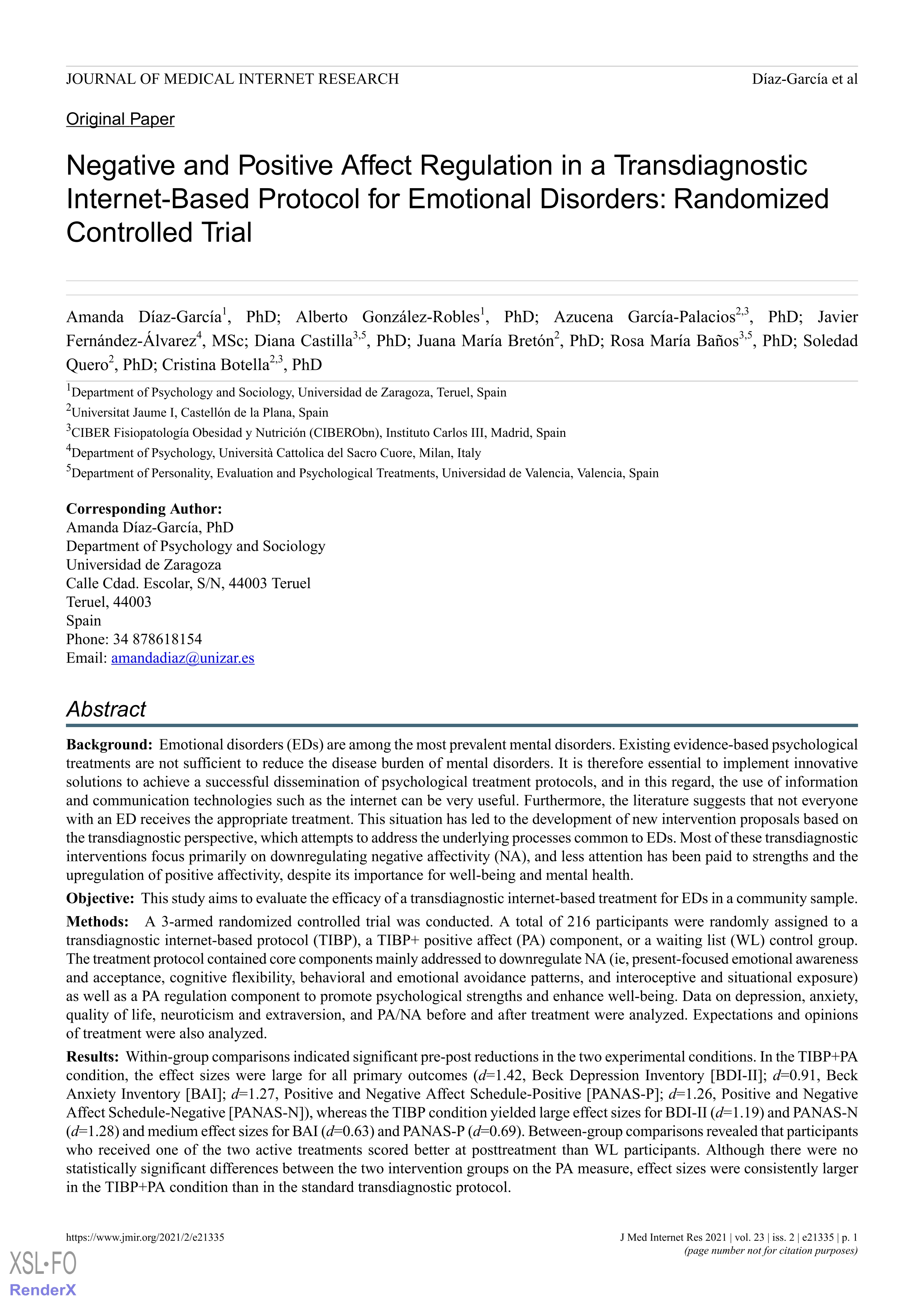 Negative and positive affect regulation in a transdiagnostic internet-based protocol for emotional disorders: Randomized controlled trial