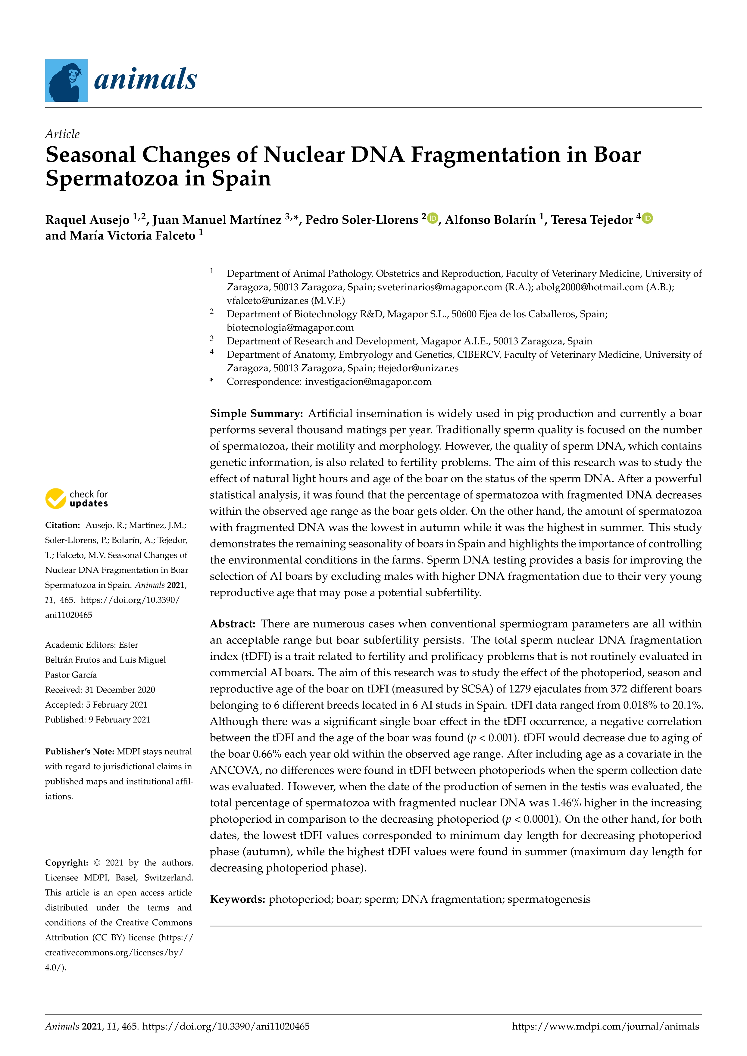 Seasonal changes of nuclear DNA fragmentation in boar spermatozoa in Spain