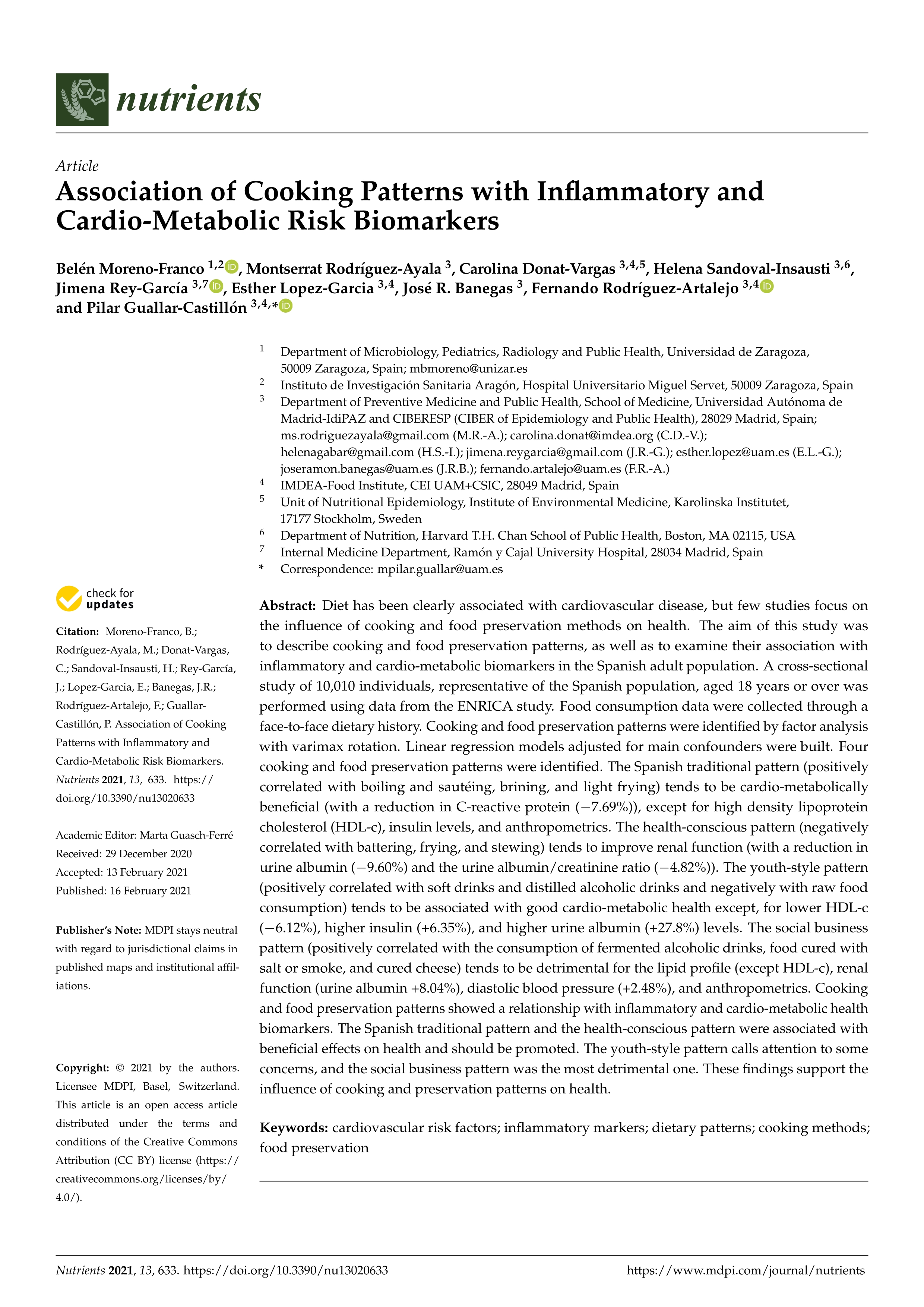 Association of cooking patterns with inflammatory and cardio-metabolic risk biomarkers
