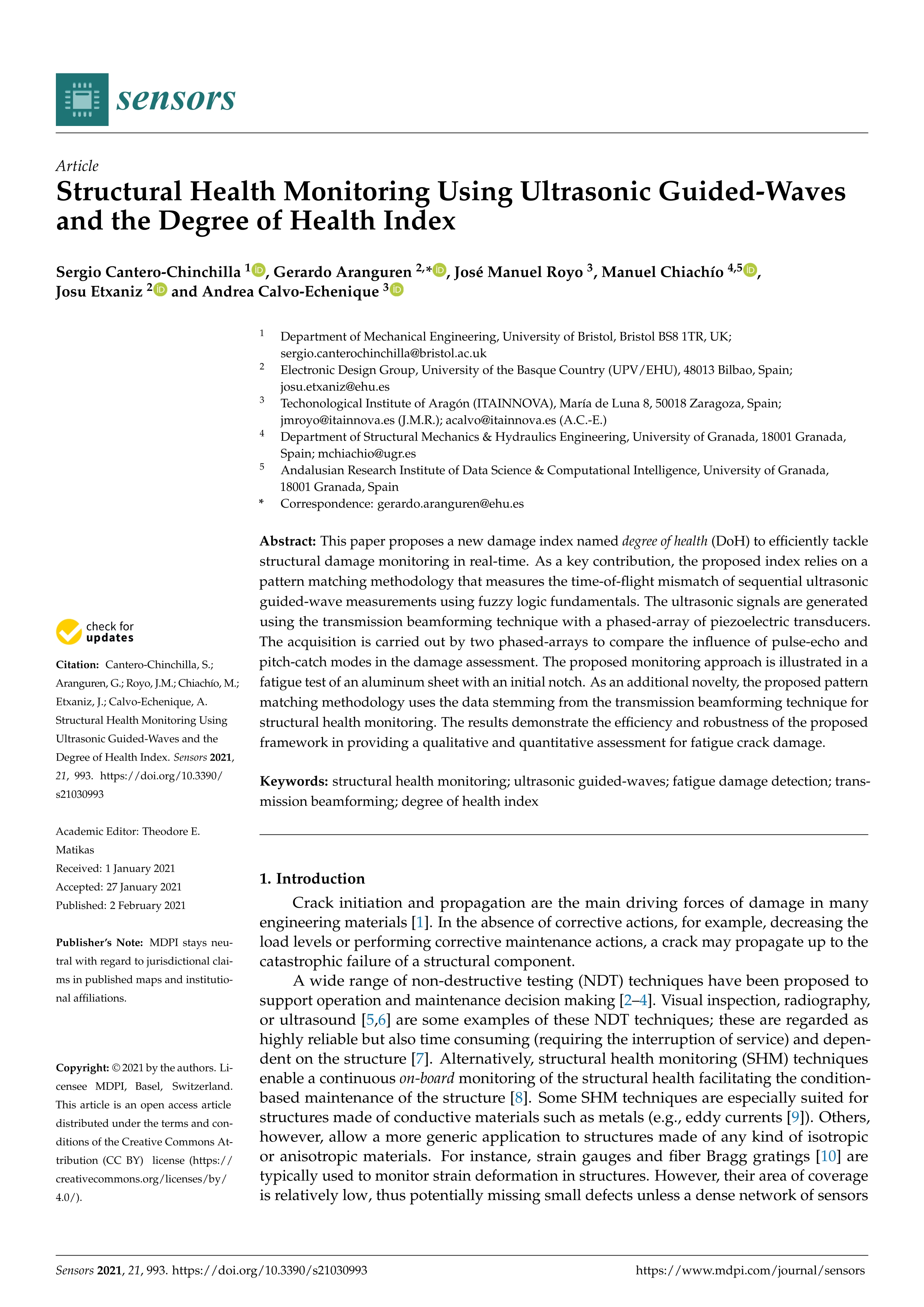 Structural health monitoring using ultrasonic guided-waves and the degree of health index