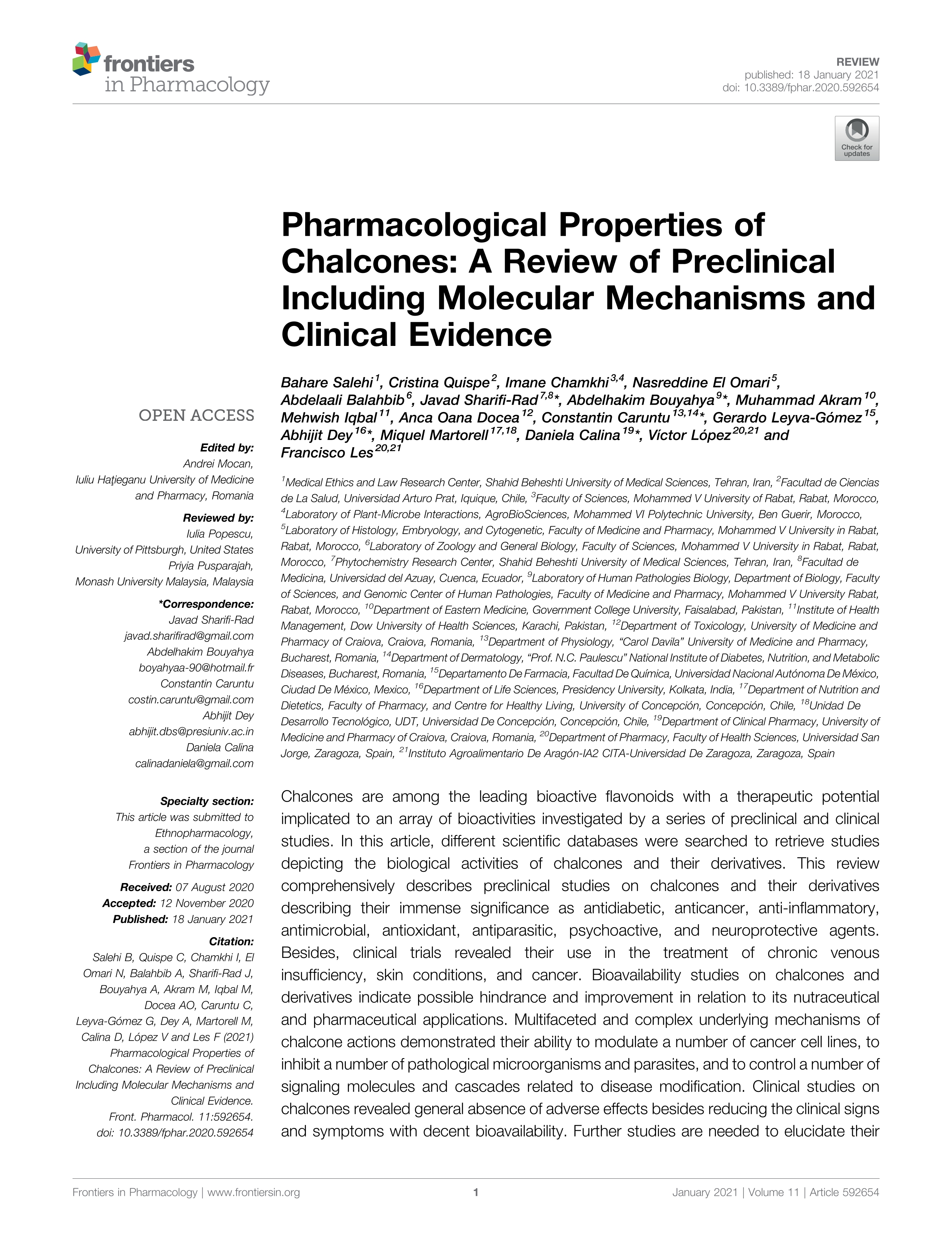 Pharmacological Properties of Chalcones: A Review of Preclinical Including Molecular Mechanisms and Clinical Evidence