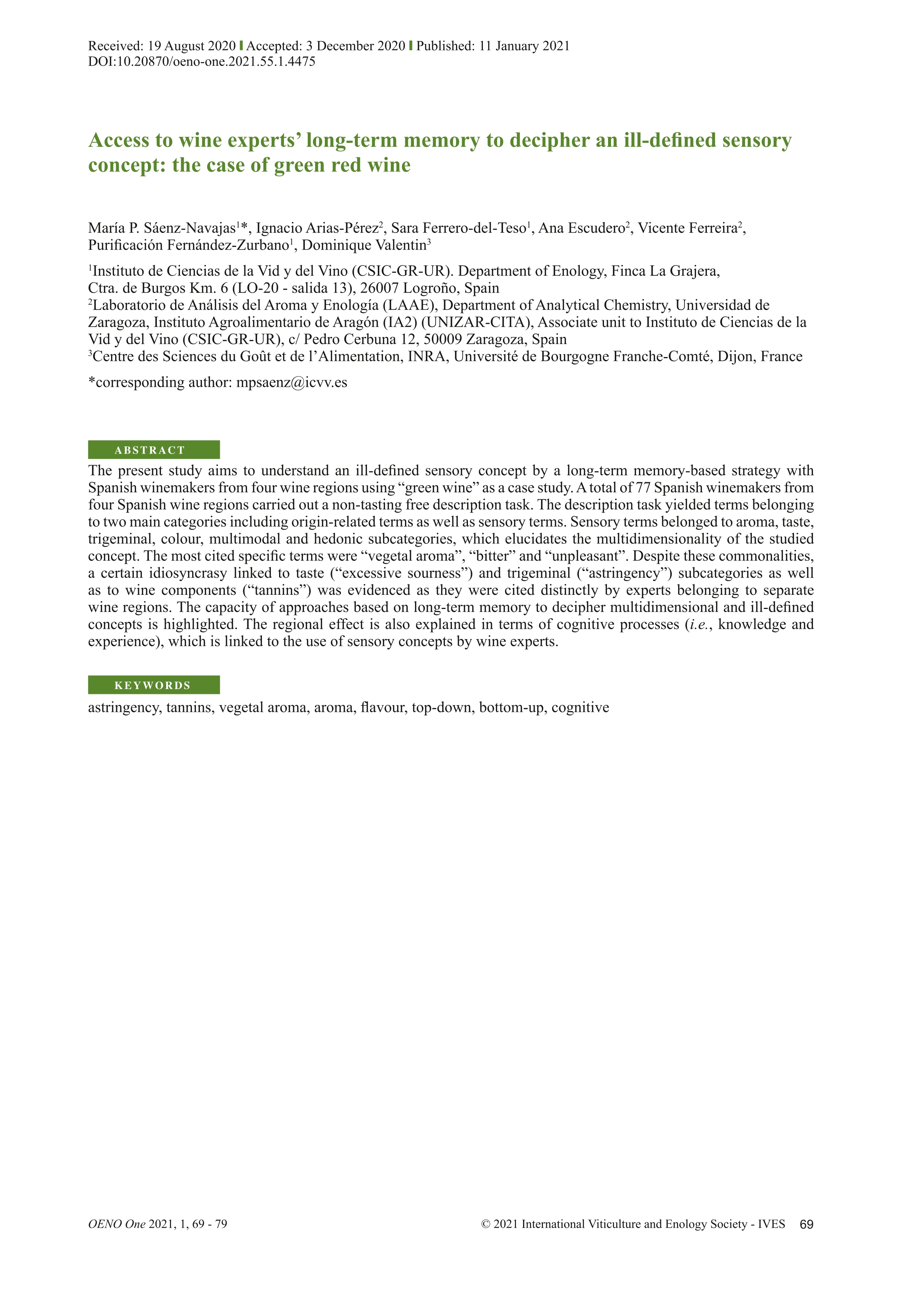 Access to wine experts' long-term memory to decipher an ill-defined sensory concept: The case of green red wine