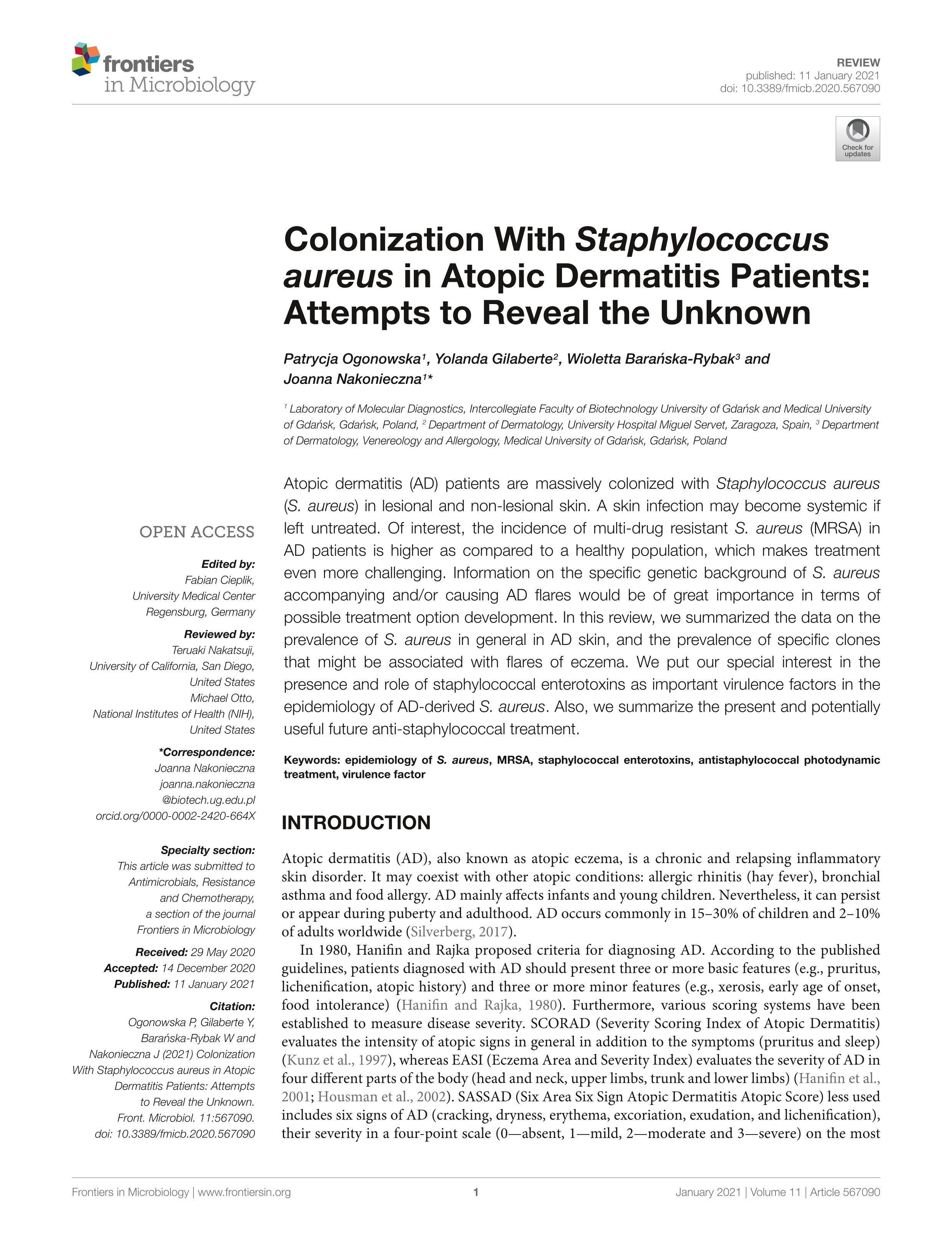 Colonization With Staphylococcus aureus in Atopic Dermatitis Patients: Attempts to Reveal the Unknown