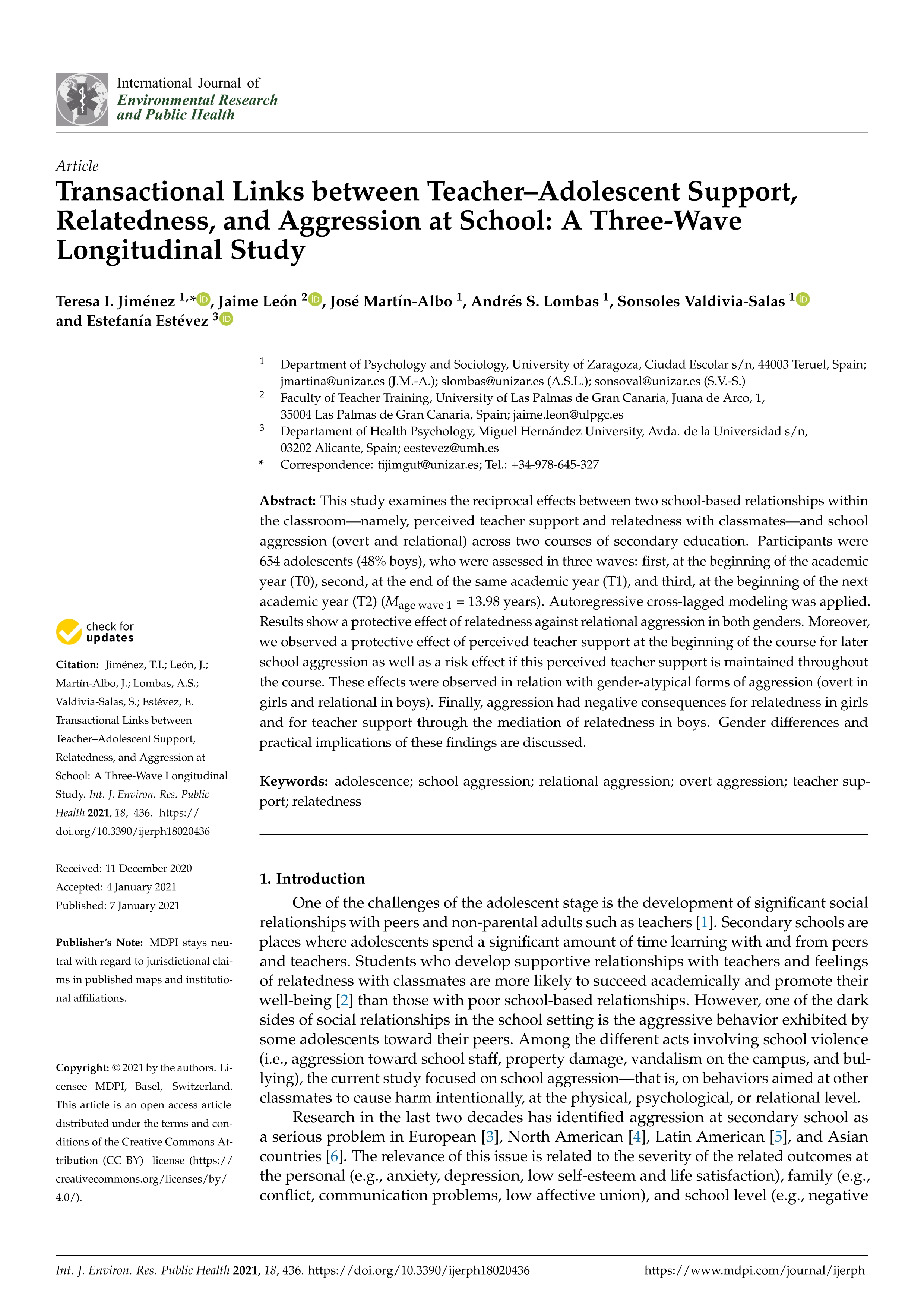 Transactional Links between Teacher-Adolescent Support, Relatedness, and Aggression at School: A Three-Wave Longitudinal Study