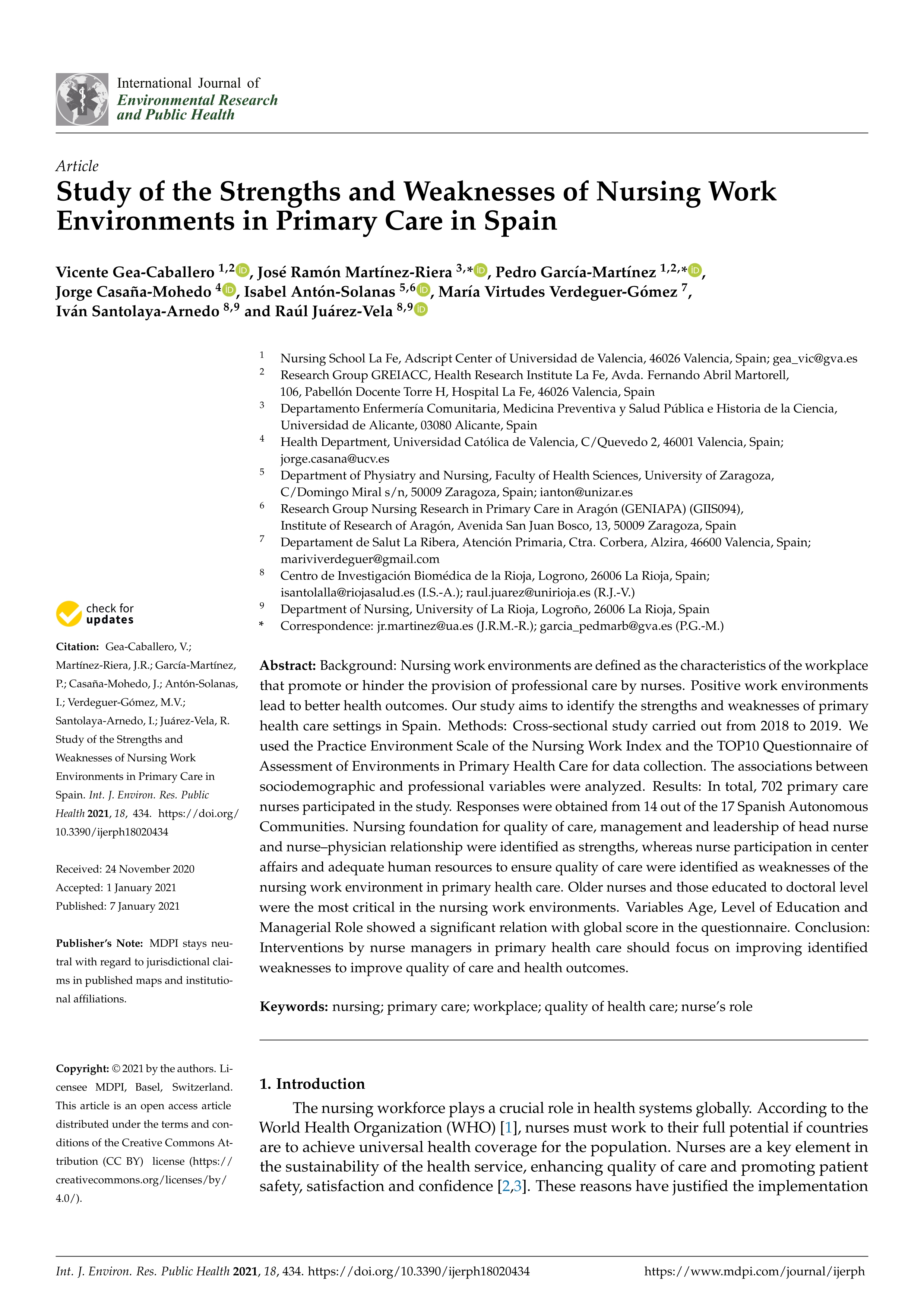 Study of the Strengths and Weaknesses of Nursing Work Environments in Primary Care in Spain